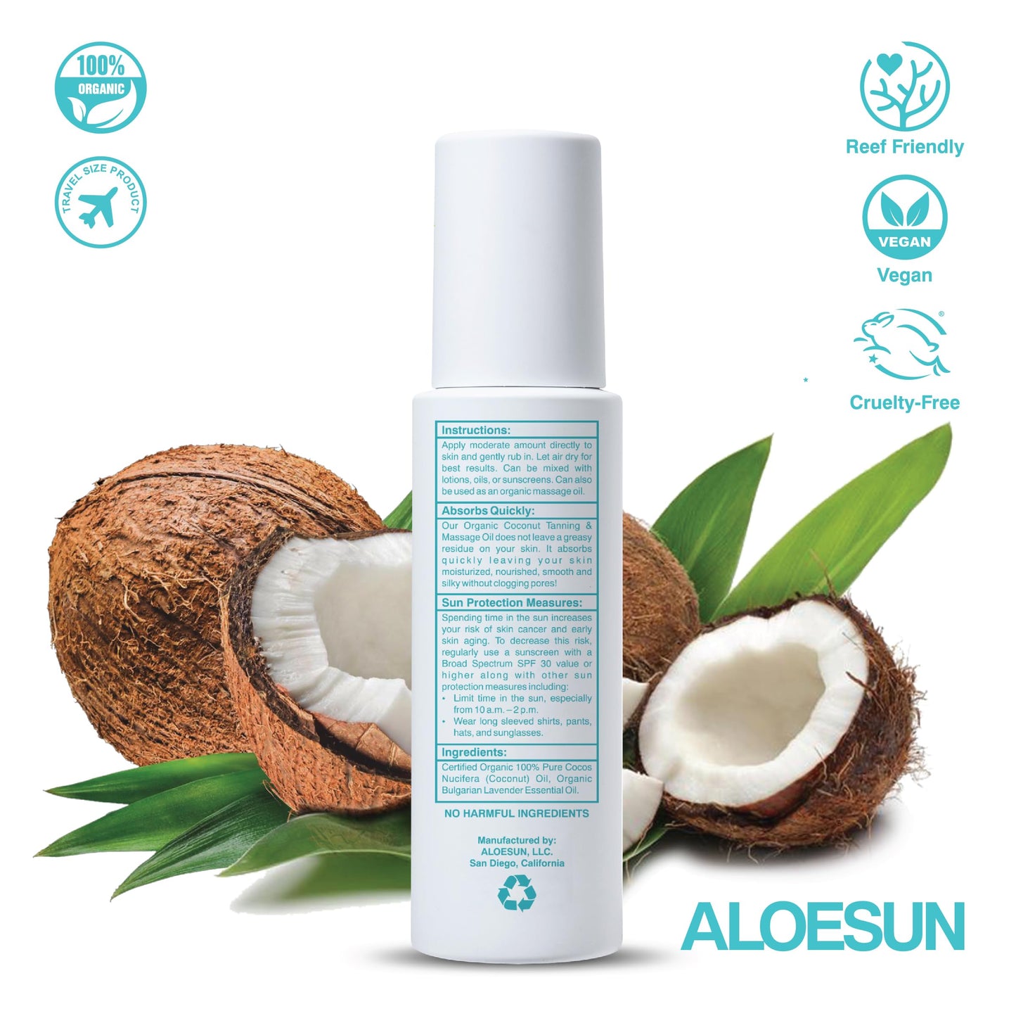 ALOESUN Organic Coconut Tanning Oil Spray 3.4 Oz – Deep Natural Tan Accelerator with Lavender Oil – Hydrating, Non-Greasy, Vegan & Travel-Friendly