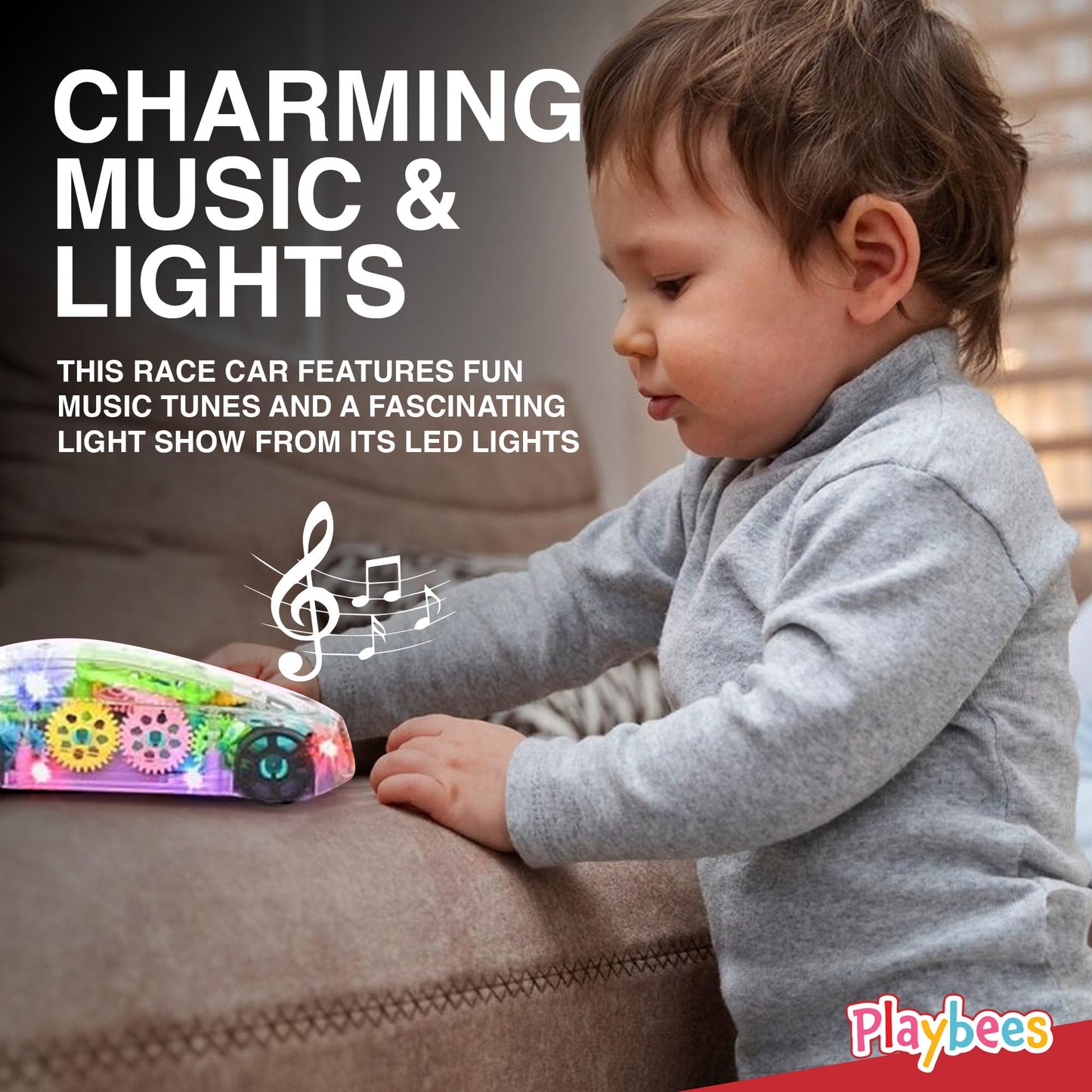 Playbees Light-Up Transparent Car Toy for Autistic Kids Ages 3-5 | Sensory Bump & Go Toy with Music & LED Effects, Toddler Gift