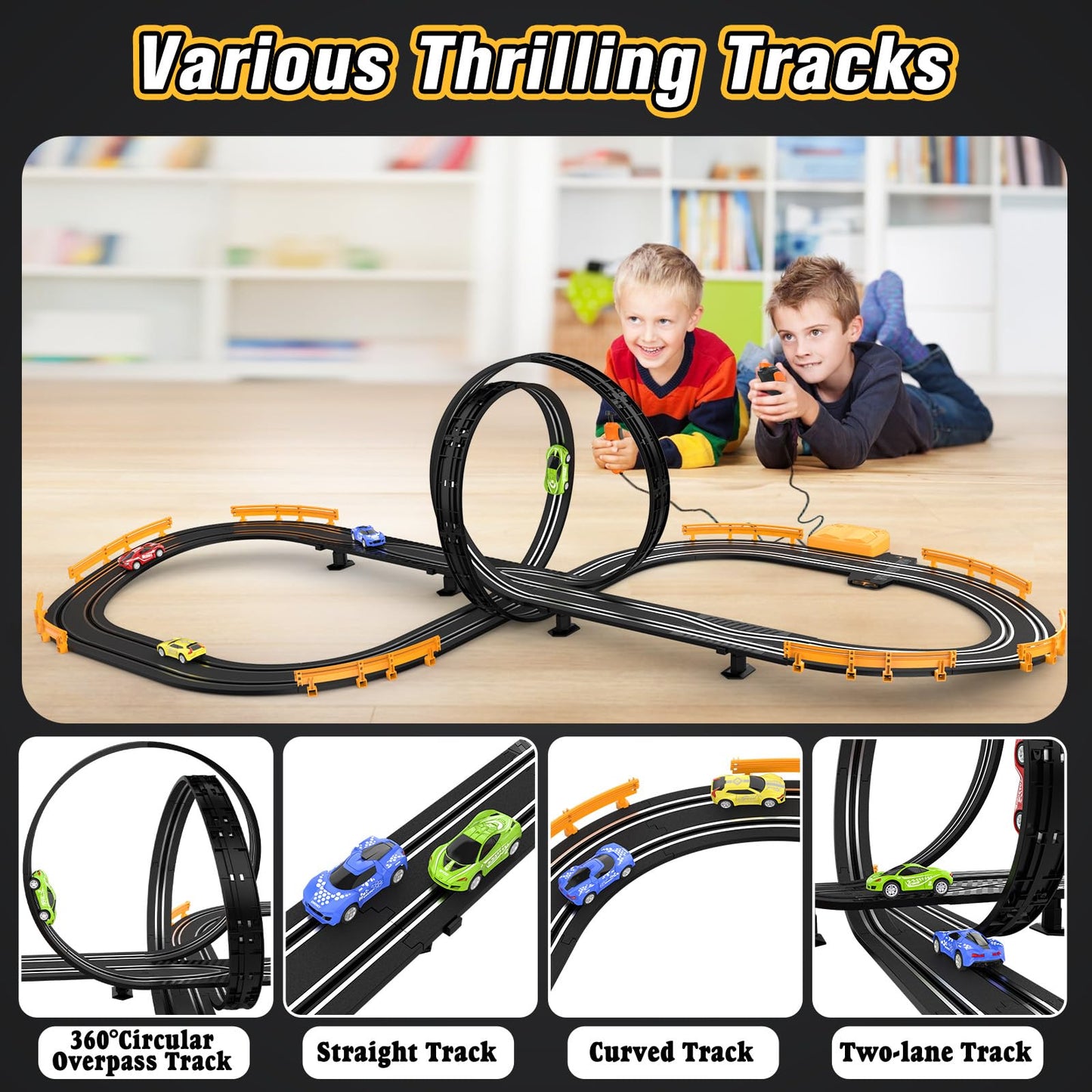 High-Speed Slot Car Race Track Set for Kids – 4 Cars, Dual Controllers, Battery/Electric Circular Overpass Track, Toys & Gifts for Boys & Girls