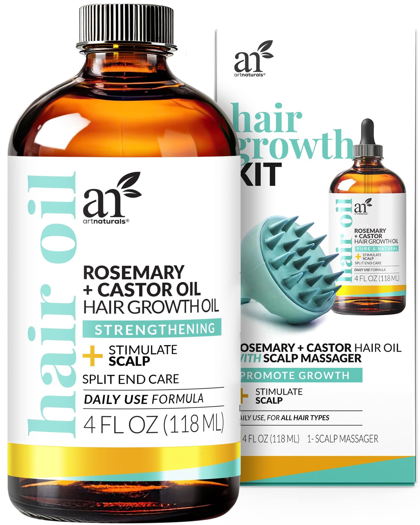 ArtNaturals Rosemary & Castor Hair Growth Oil + Scalp Massager Set | Hydrating Scalp Treatment for Dry, Itchy, Damaged Hair & Split Ends – 4 oz