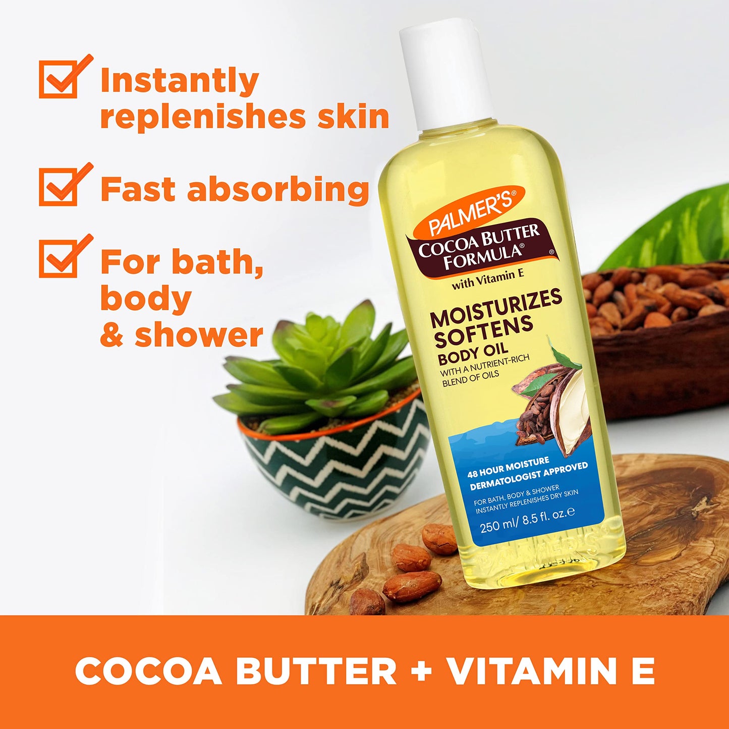 Palmer’s Cocoa Butter Body Oil with Vitamin E – Moisturizing, Hydrating, Instant Absorption, Radiant Glow for Bath, Body & Shower, 8.5 oz