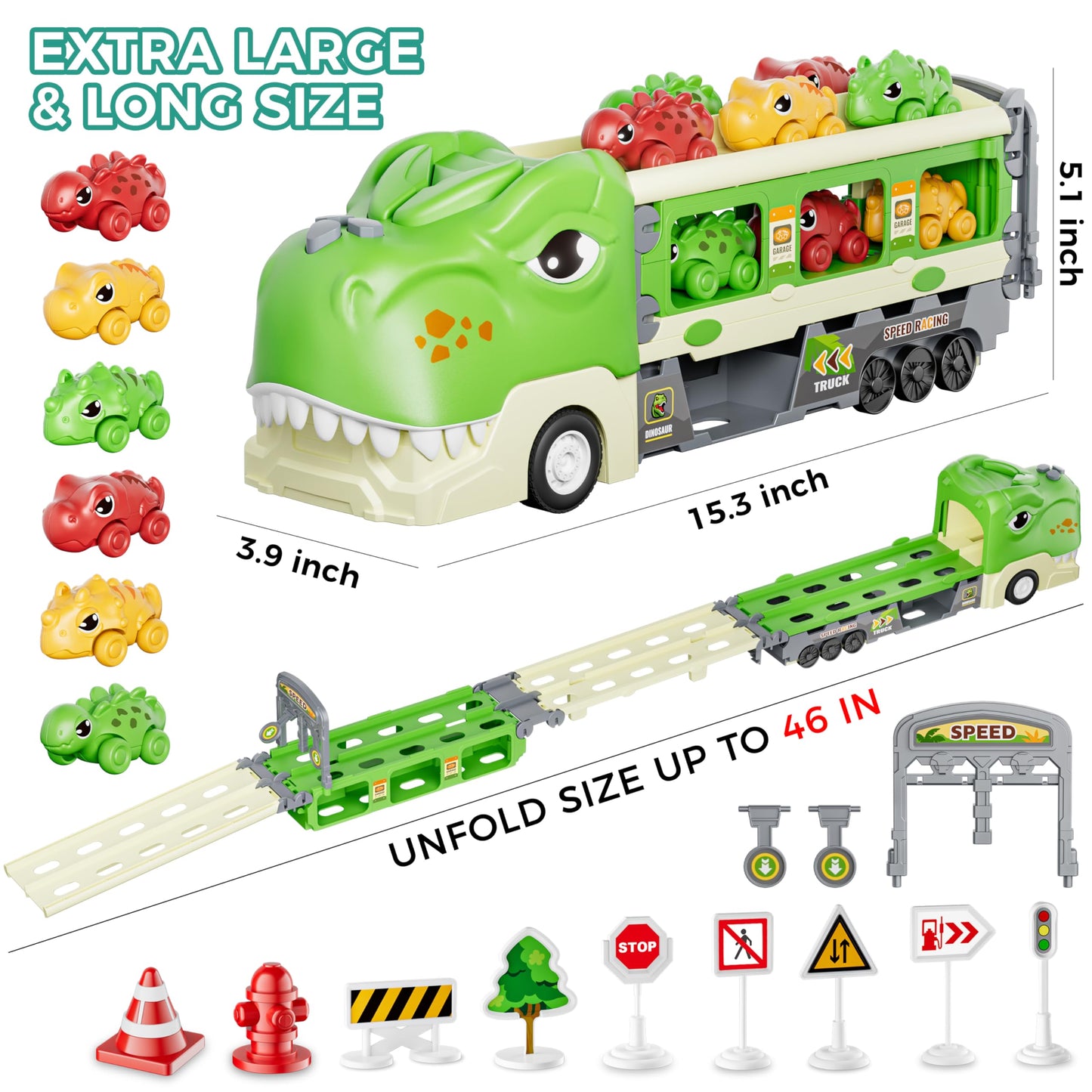 Funwee Dinosaur Truck Toy Set for Kids Ages 2-7 – Foldable Track, 2-Player Race, Lights & Sounds, 6 Dino Cars + 12 Accessories, Birthday Gift