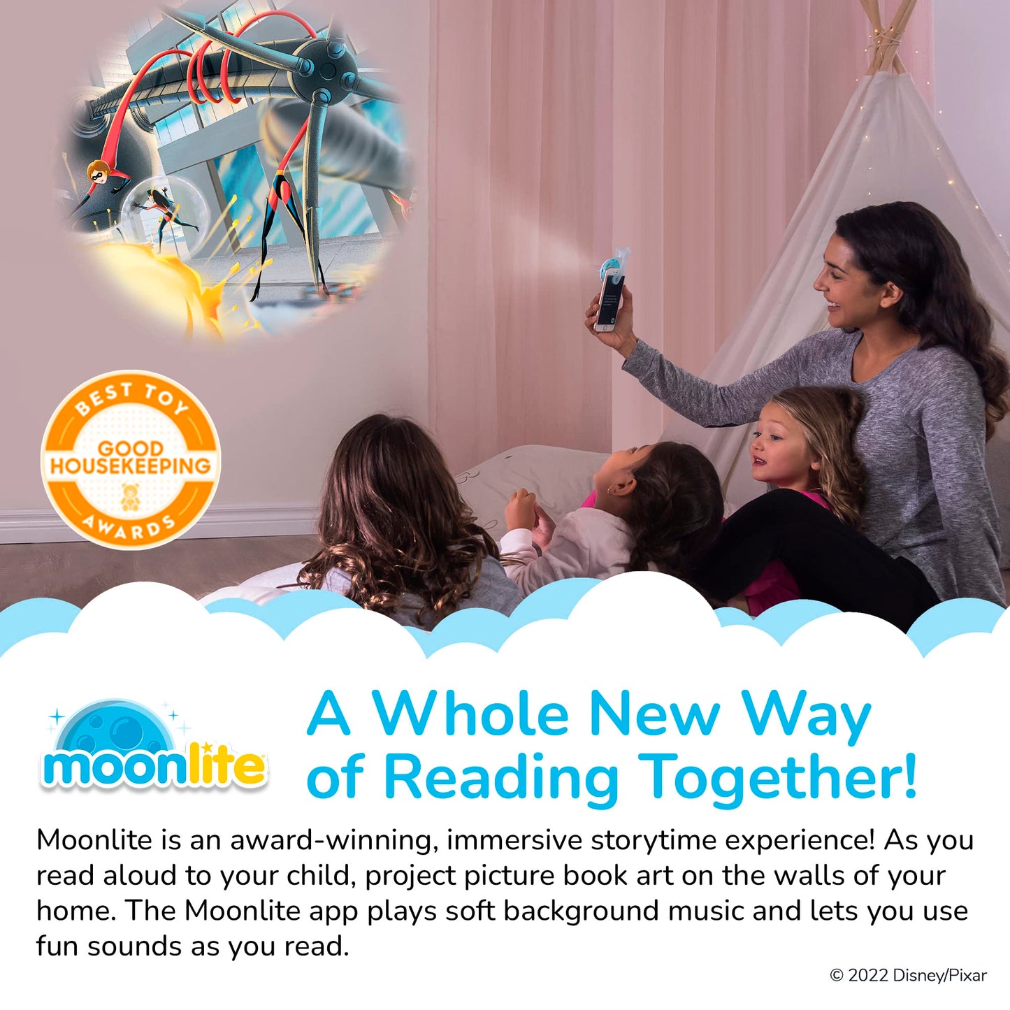Moonlite Storytime Mini Projector with 4 Pixar Stories – Toy Story, Cars, Incredibles, Monsters Inc | Magical Reading, Sound Effects | Kids 1+