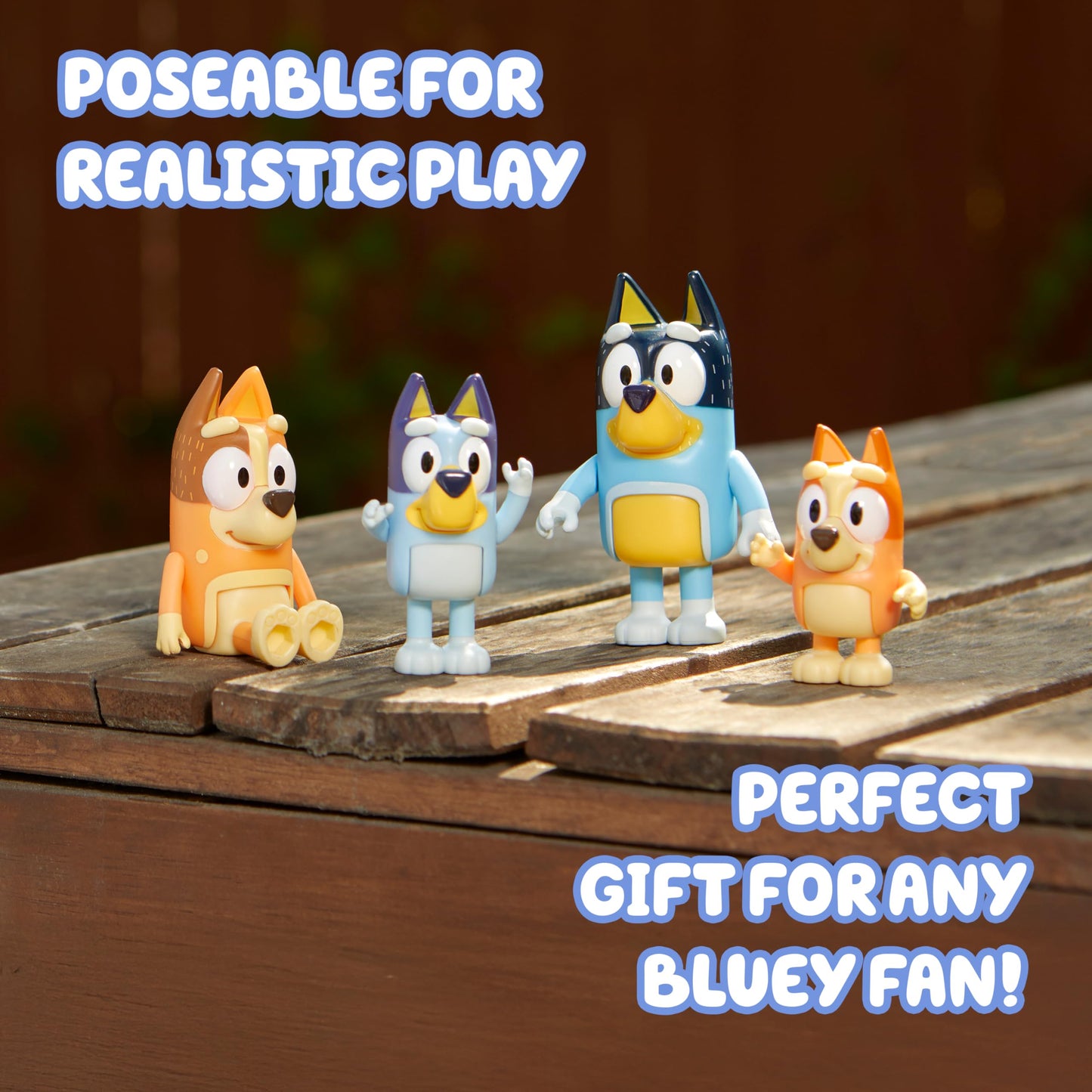 Bluey Family Figure Pack of 4, Robust Poseable Character Toys with Bingo, Chilli, and Bandit Figures, Toddler-Sized Animal Figurines for Kids Ages 3+
