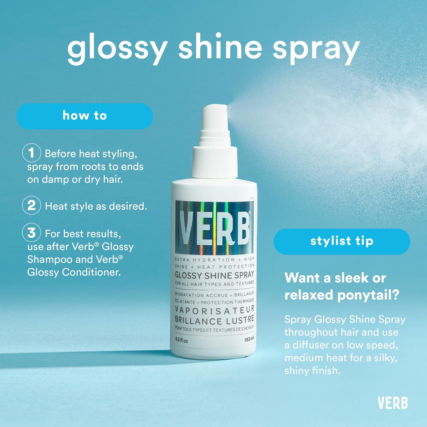 VERB Glossy Shine Spray with Heat Protection, 6.5 fl oz – Vegan, Paraben & Sulfate Free Hair Spray for All Hair Types, Adds Shine & Primes for Styling