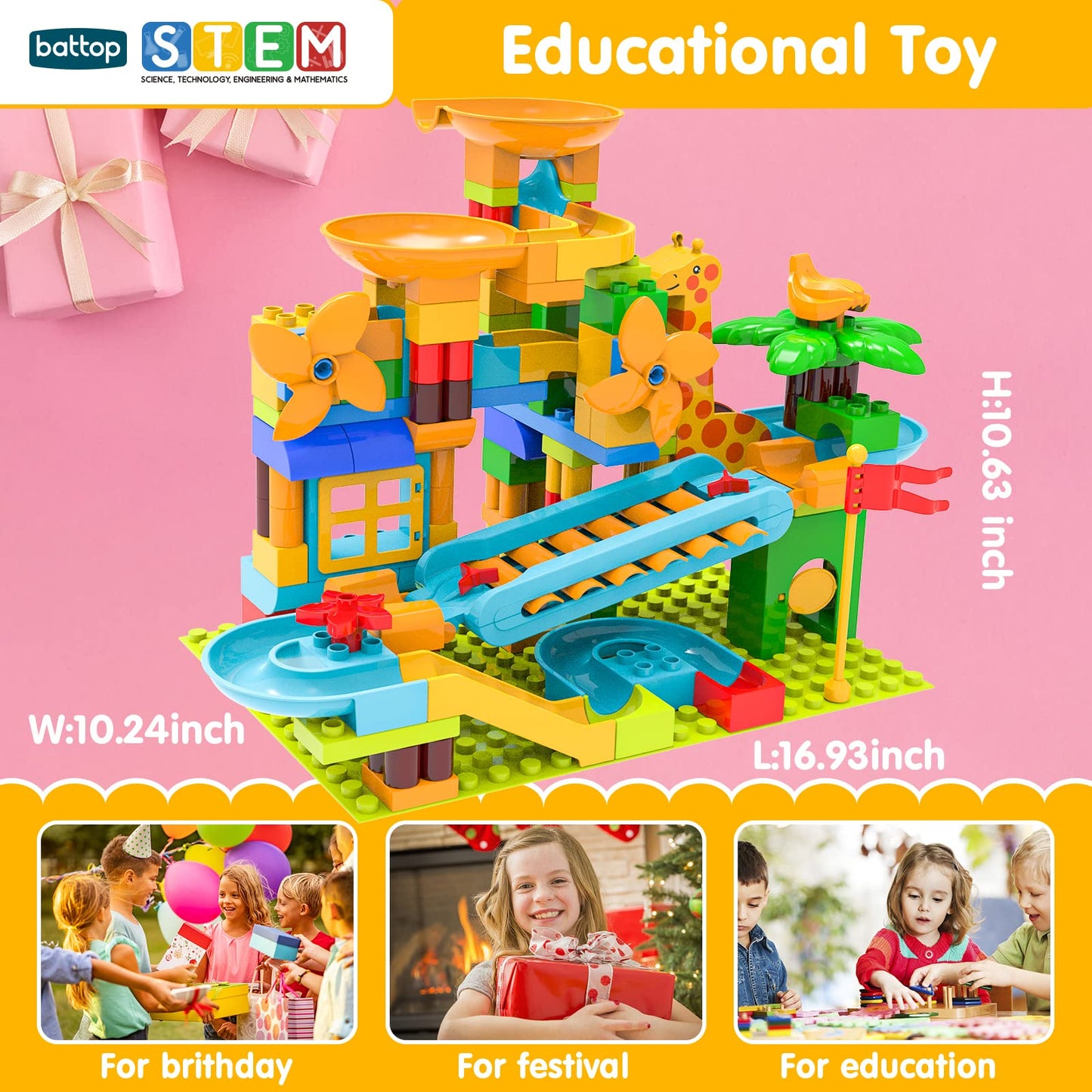 BATTOP Marble Run for Kids 4-8 – 167 PCS Big Blocks, 4-Ball Race Track, STEM Building Toy, Classic Marble Run Set, Xmas Gift for Boys & Girls