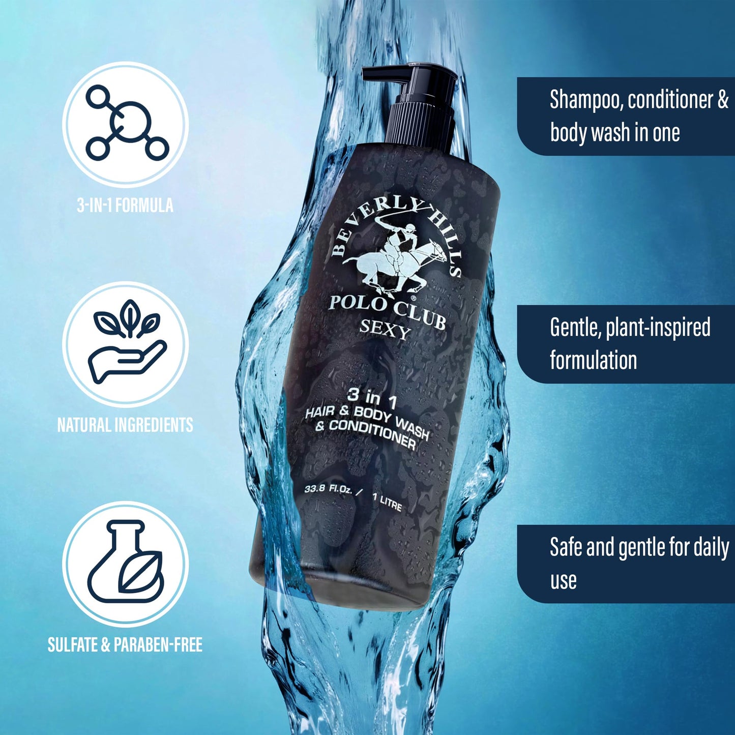Beverly Hills Polo Club Men's 3 in 1 Shampoo Conditioner and Body Wash Featuring Luxury Scents Blaze Blue Classic and Sexy 33.8 oz BHPC (Sexy)