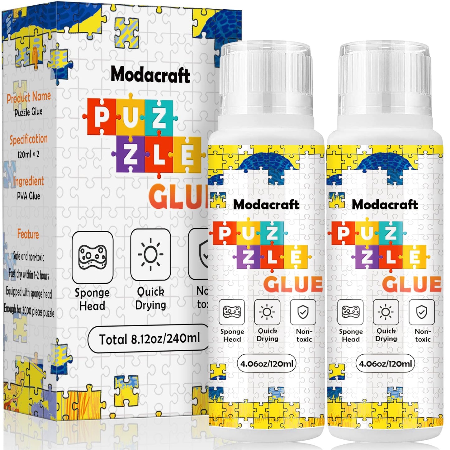 2-Pack 120ml Jigsaw Puzzle Glue with Sponge Head – Clear, Water-Soluble, Quick-Dry Adhesive for 1000-5000 Piece Paper & Wood Puzzles (240ml Total)