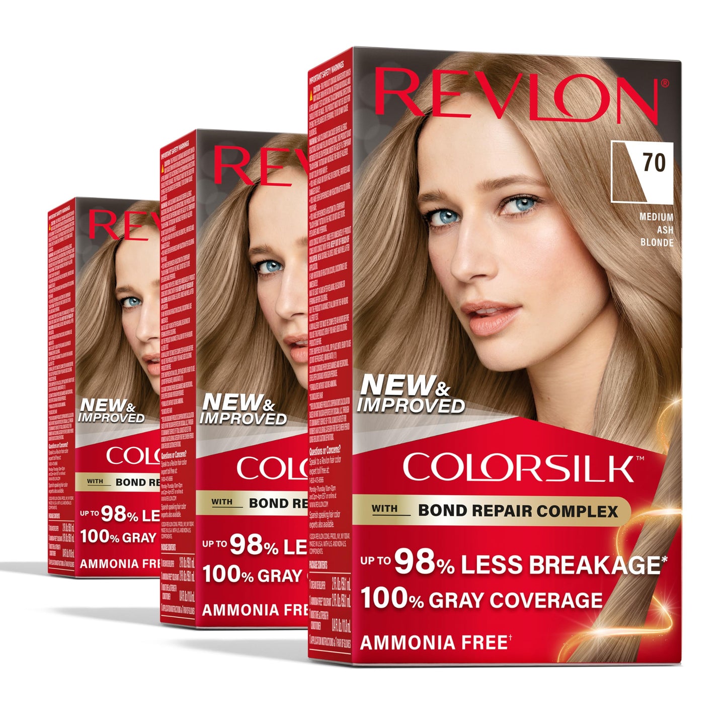 Revlon ColorSilk Bond Repair Complex Hair Color, 70 Medium Ash Blonde (Pack of 3) | Ammonia-Free, 100% Gray Coverage, Vegan Keratin Dye
