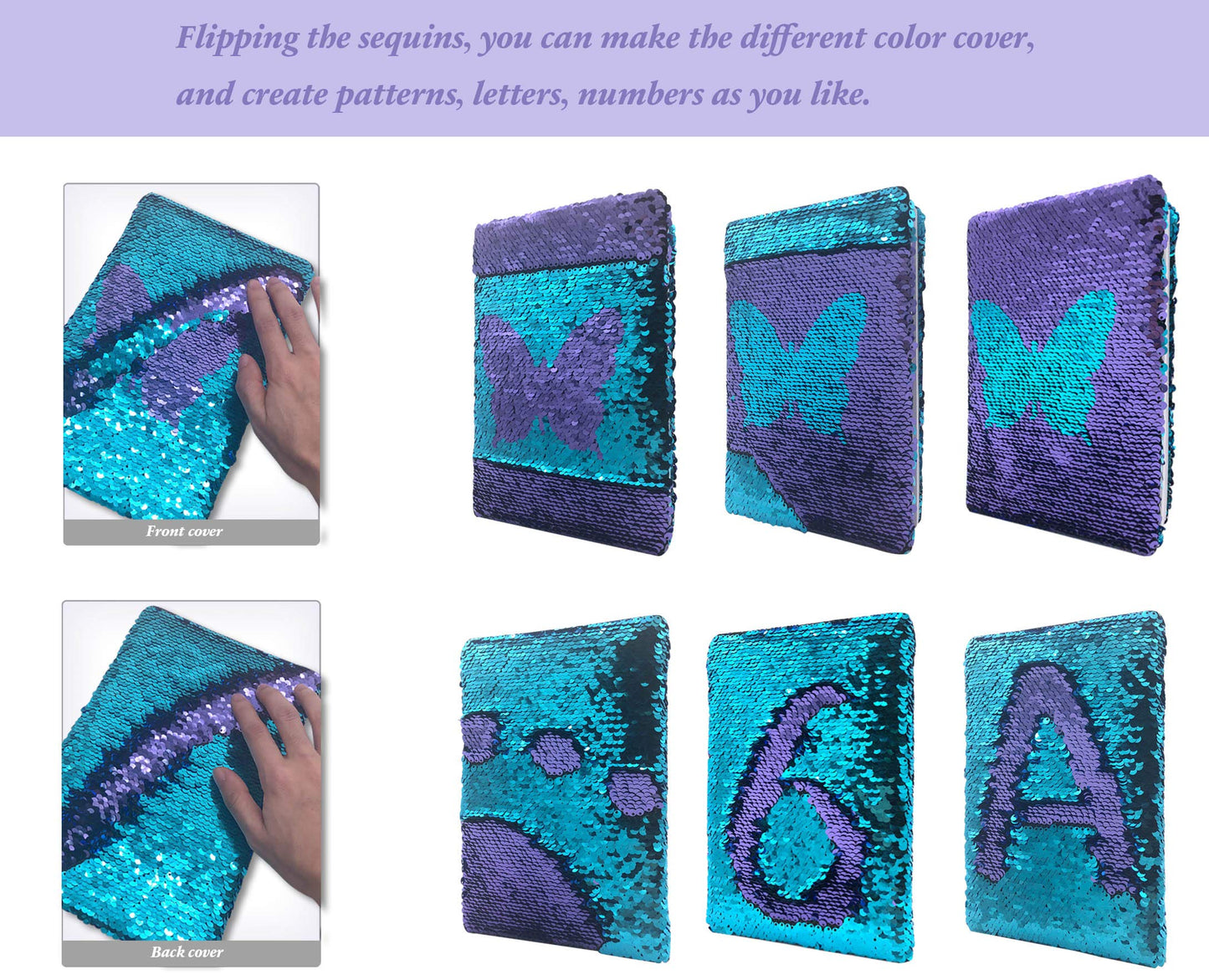 GINMLYDA Sequin Girls Journal, 8.5x5.5" 160 Lined Pages Diary, Reversible Flip Sequin Notebook for Writing, Drawing & Travel (Purple/Blue)