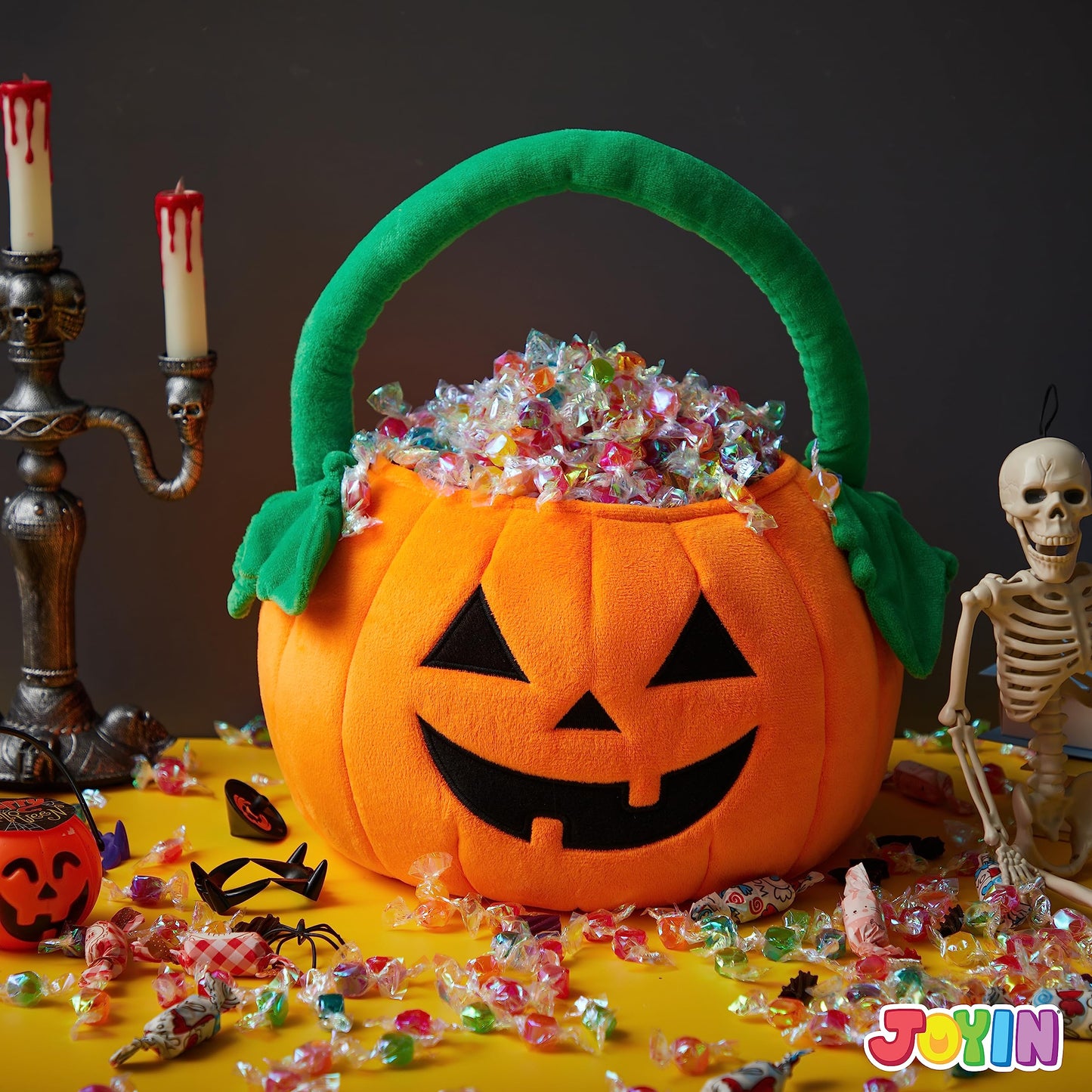 JOYIN Halloween Pumpkin Plush Tote Candy Bag, 11"x13.4" Trick or Treat Basket with Handle for Kids, Party Favors & Gifts