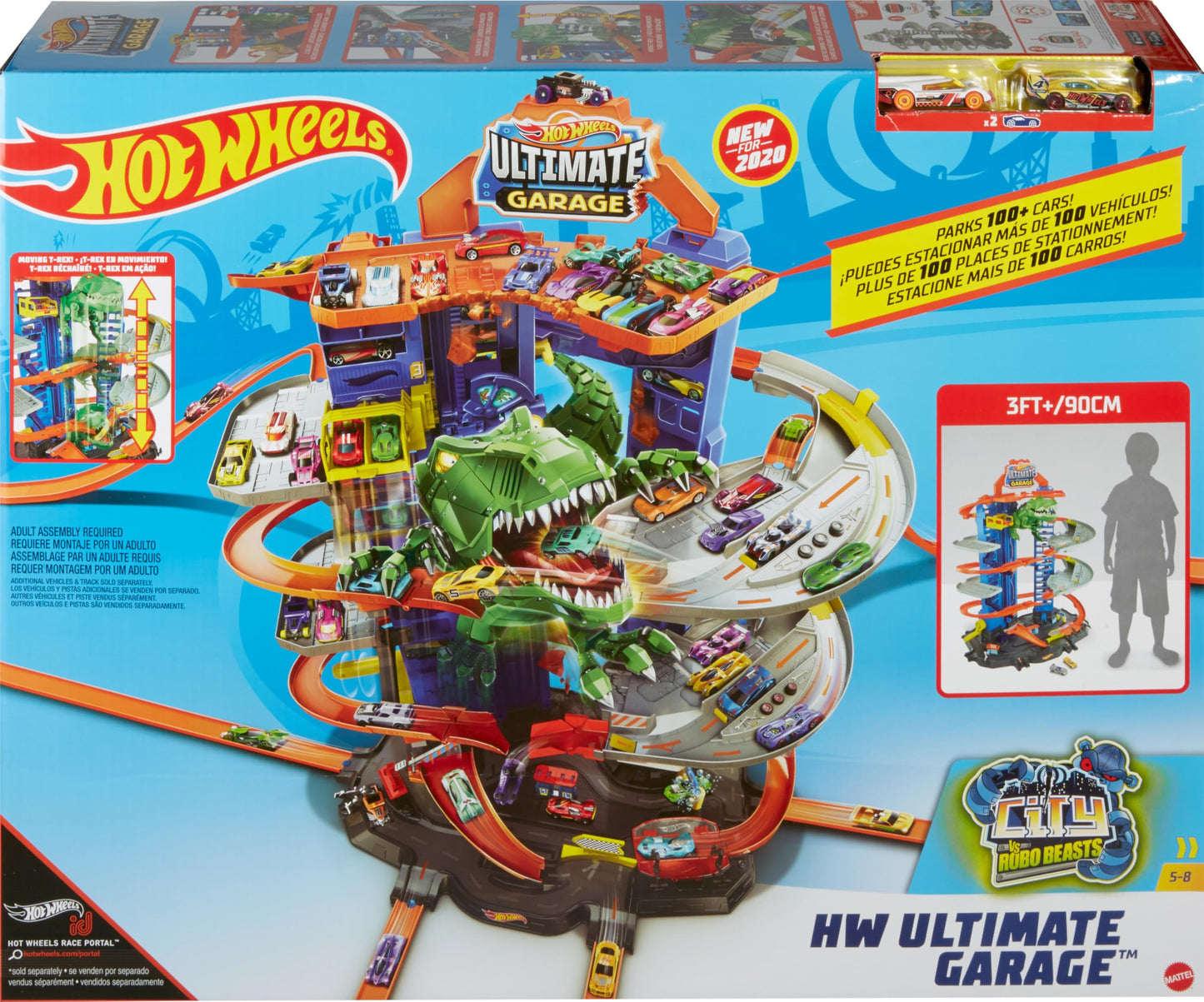 Hot Wheels Ultimate Garage City Playset with 2 Cars, Multi-Level Racetrack, Moving T-Rex & Storage for 100+ 1:64 Vehicles