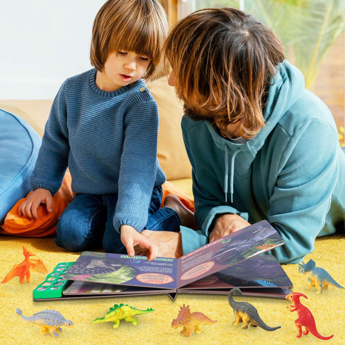Dinosaur Toys Set with 12 Figures & Sound Book – Realistic Roars, Interactive Educational Fun for Kids 3-6 Years Old
