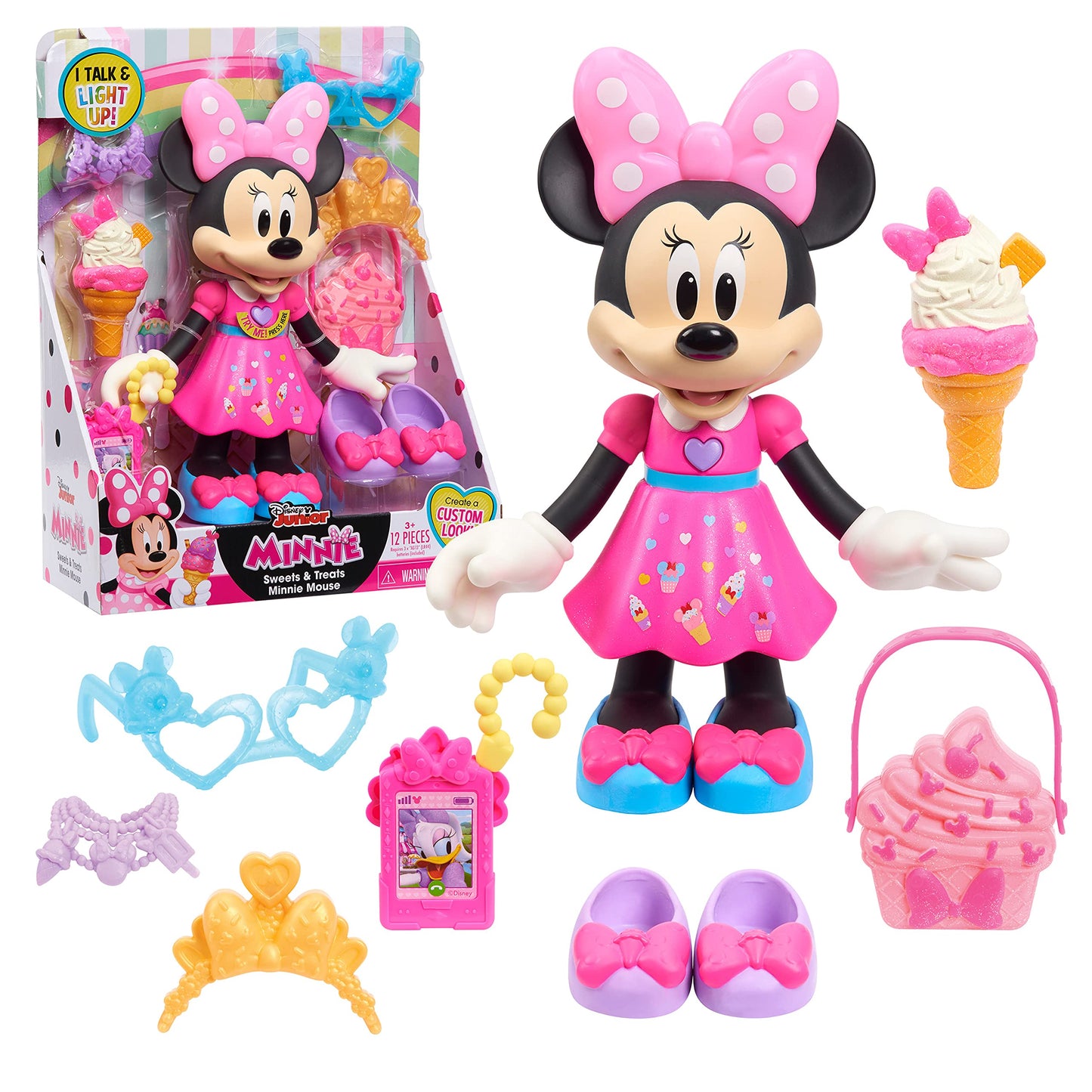 Disney Junior Minnie Mouse Sweets & Treats 10" Interactive Doll with Lights, Sounds & Accessories, Kids Toy Ages 3+, Amazon Exclusive