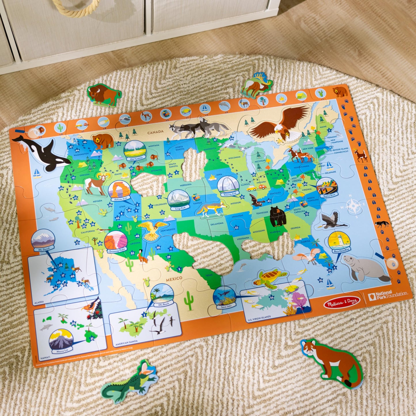 Melissa & Doug National Parks USA Map Floor Puzzle – 45 Jumbo Animal-Shaped Pieces with Search & Find Activities, Park & Animal ID Guide