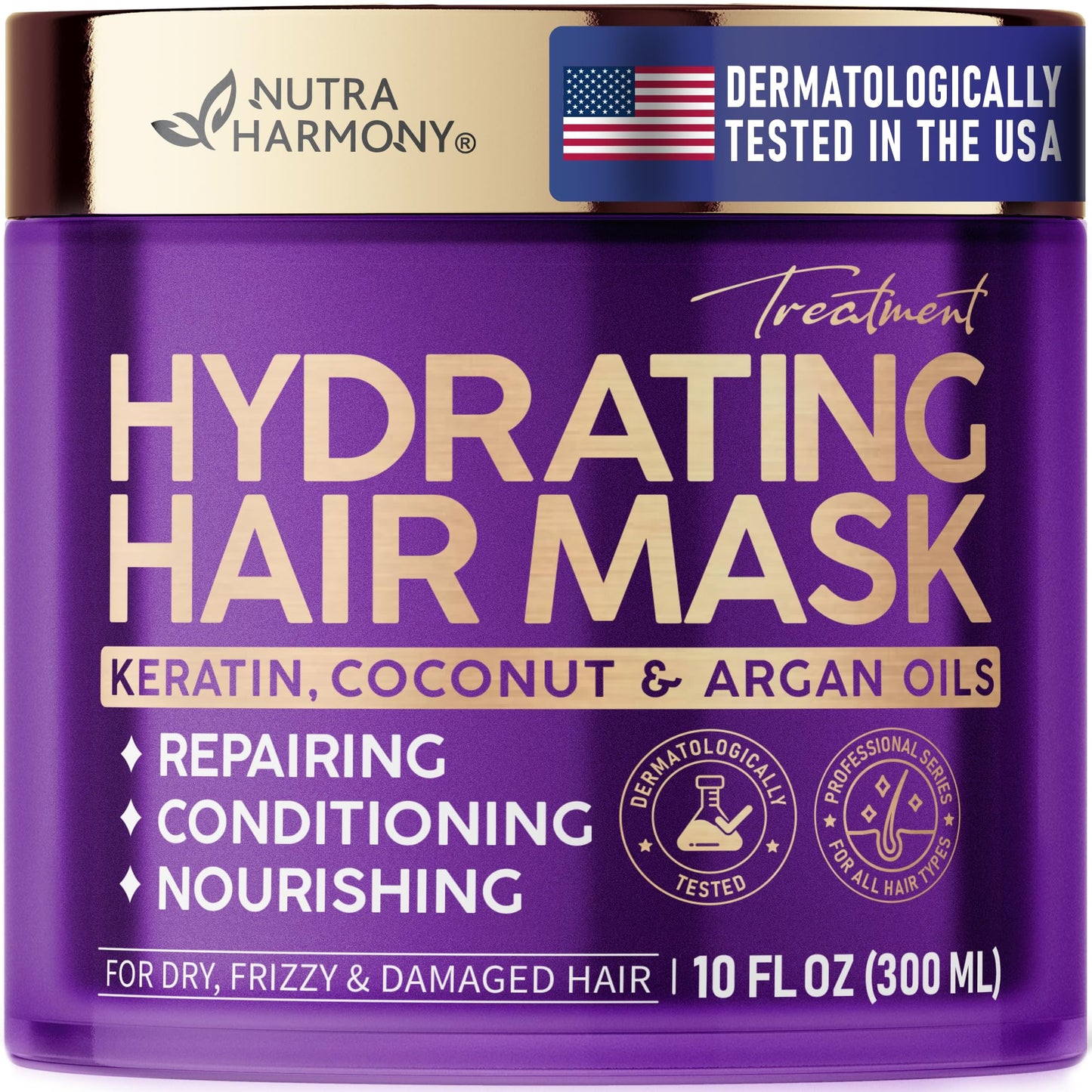 NUTRAHARMONY Hydrating Hair Mask 10oz | Deep Conditioning Keratin Treatment with Argan, Coconut Oils, Collagen & Biotin | Repair & Anti-Frizz