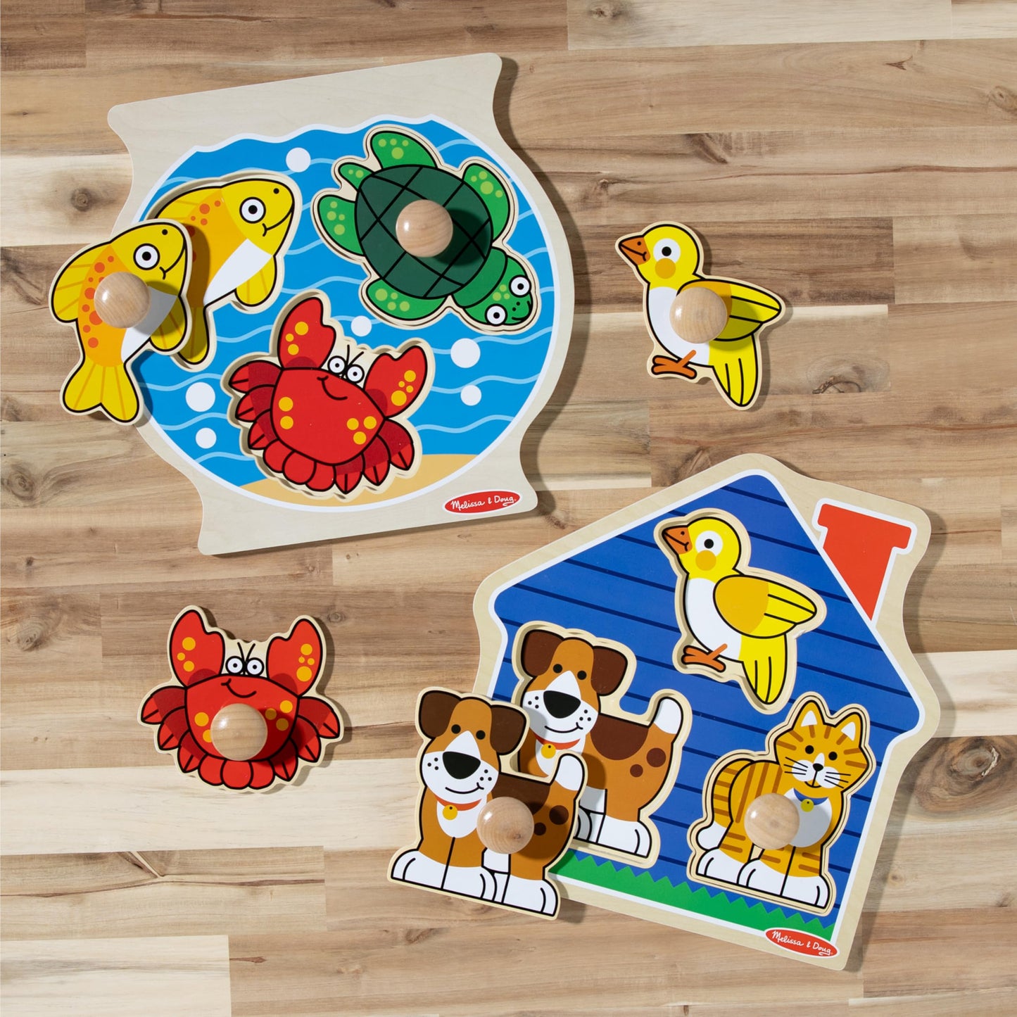 Melissa & Doug Wooden Jumbo Peg Puzzle 2-Pack – Fish Bowl, House Pets, 3-Piece for Toddlers Boys and Girls, Ages 1+ Years