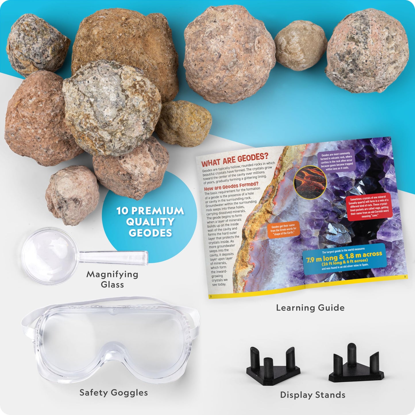 National Geographic Geode Kit – Break Open 10 Crystals, Includes Goggles & 2 Stands, STEM Science & Geology Gift for Kids