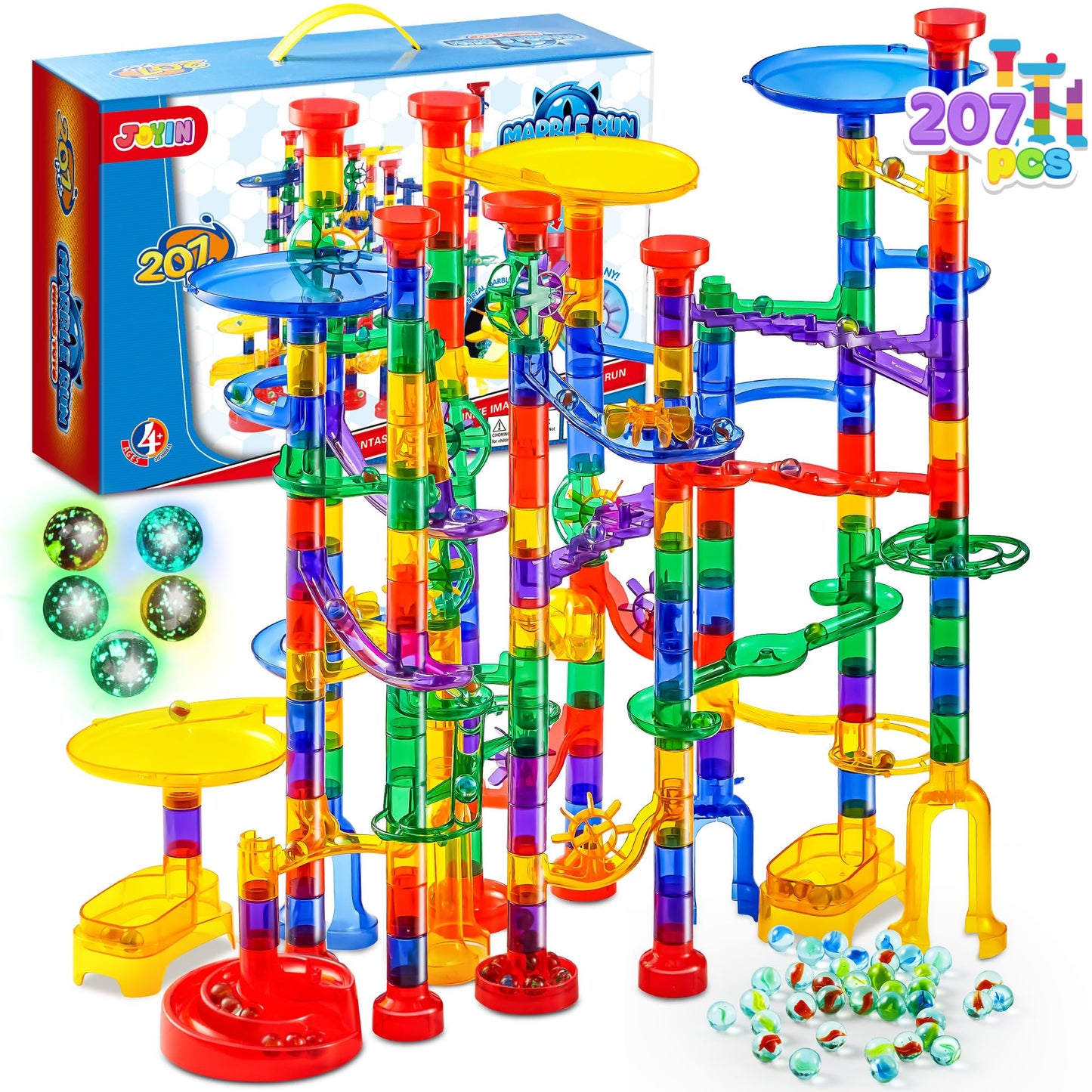JOYIN 207-Piece Glowing Marble Run Building Set with 5 Glow-in-the-Dark Marbles | STEM Construction Toy for Kids | Educational Gift for Christmas