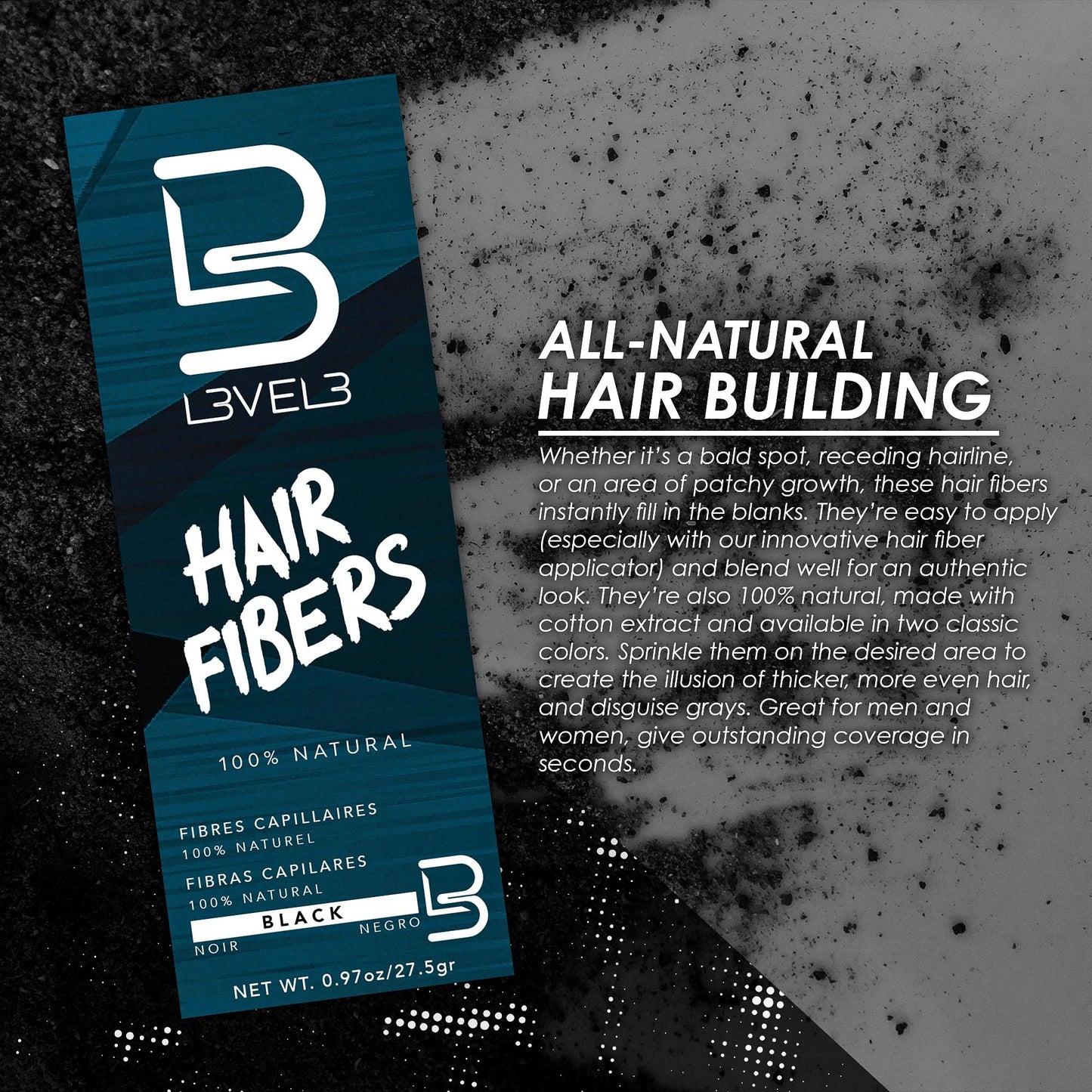 L3 Hair Fibers - Cover Bald Spot or Thinning Hair - Natural Looking Finish - Instant Grey Coverage and Thicker Hair (Black)