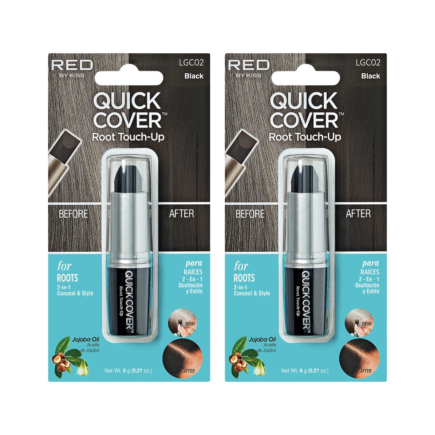 RED by Kiss Quick Cover Root Touch Up Stick, Water-Resistant Gray Hair Concealer for Roots & Beard, Long-Lasting Easy Application, 2 Pack Black