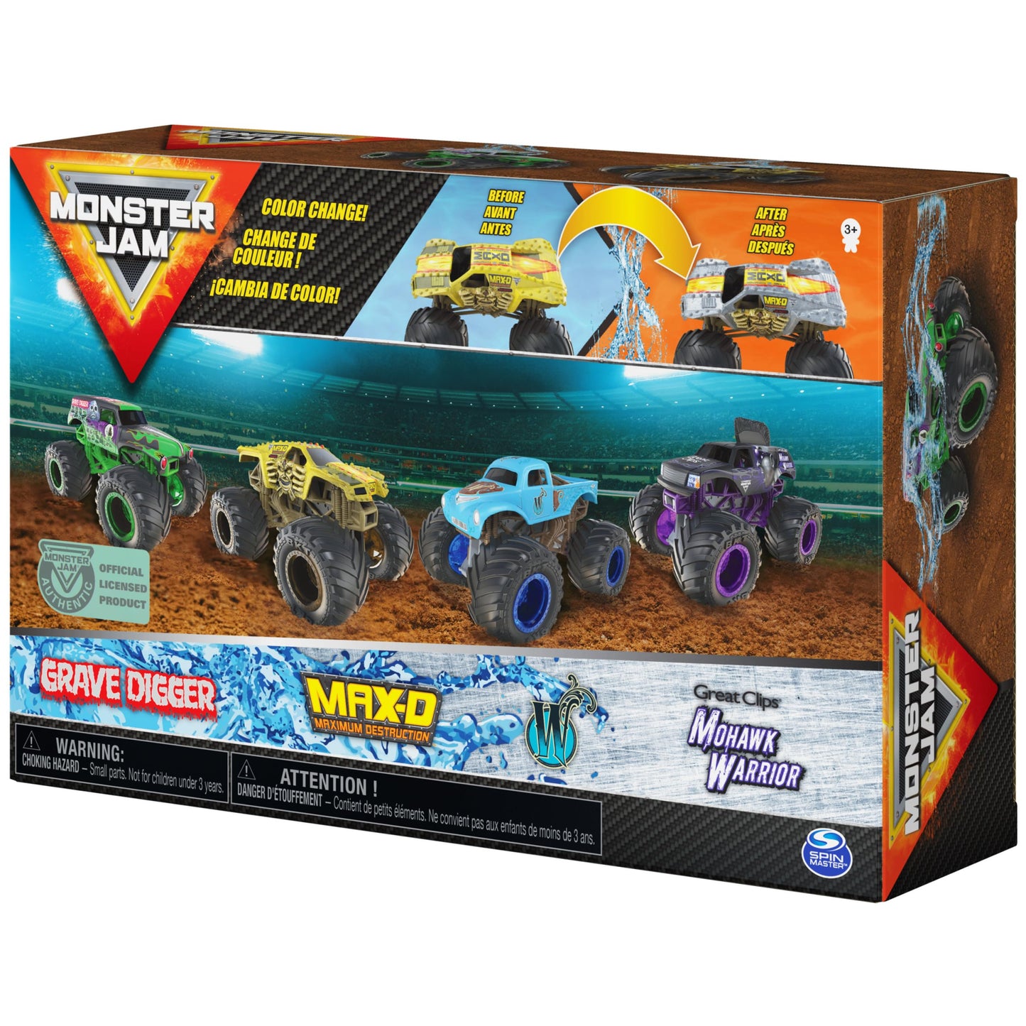 Monster Jam, Official Reveal The Steel 4-Pack of Color-Changing Die-Cast Monster Trucks, 1:64 Scale