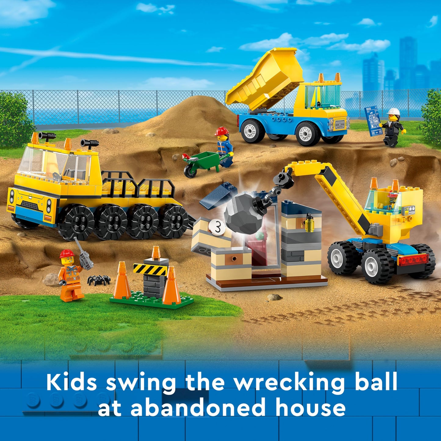 LEGO City Construction Trucks & Wrecking Ball Crane Set 60391 - 3 Vehicles, Abandoned House & 3 Minifigures, Pretend Play Toy for Kids 4+