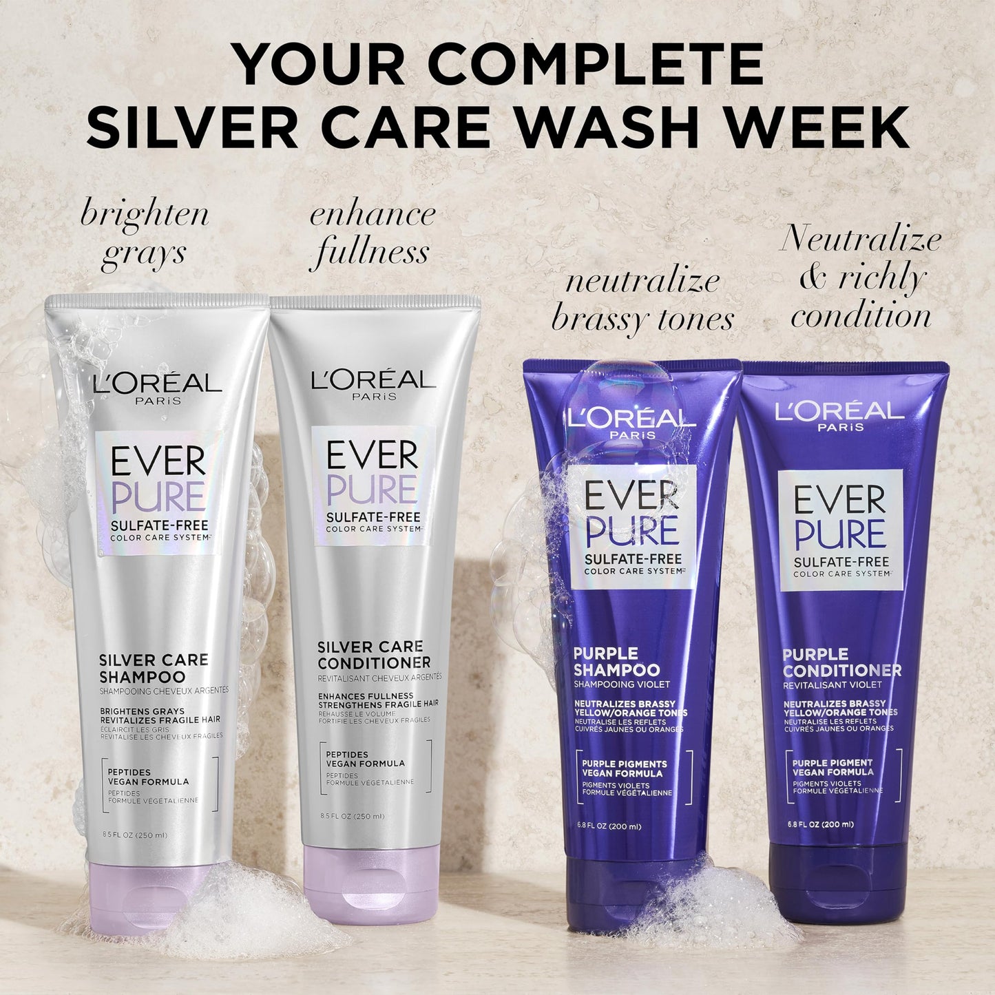 L'Oreal Paris EverPure Silver Care Sulfate Free Shampoo and Conditioner Set, Nourishing Vegan Formula with Peptides for Brightening Gray Hair, 1 Kit