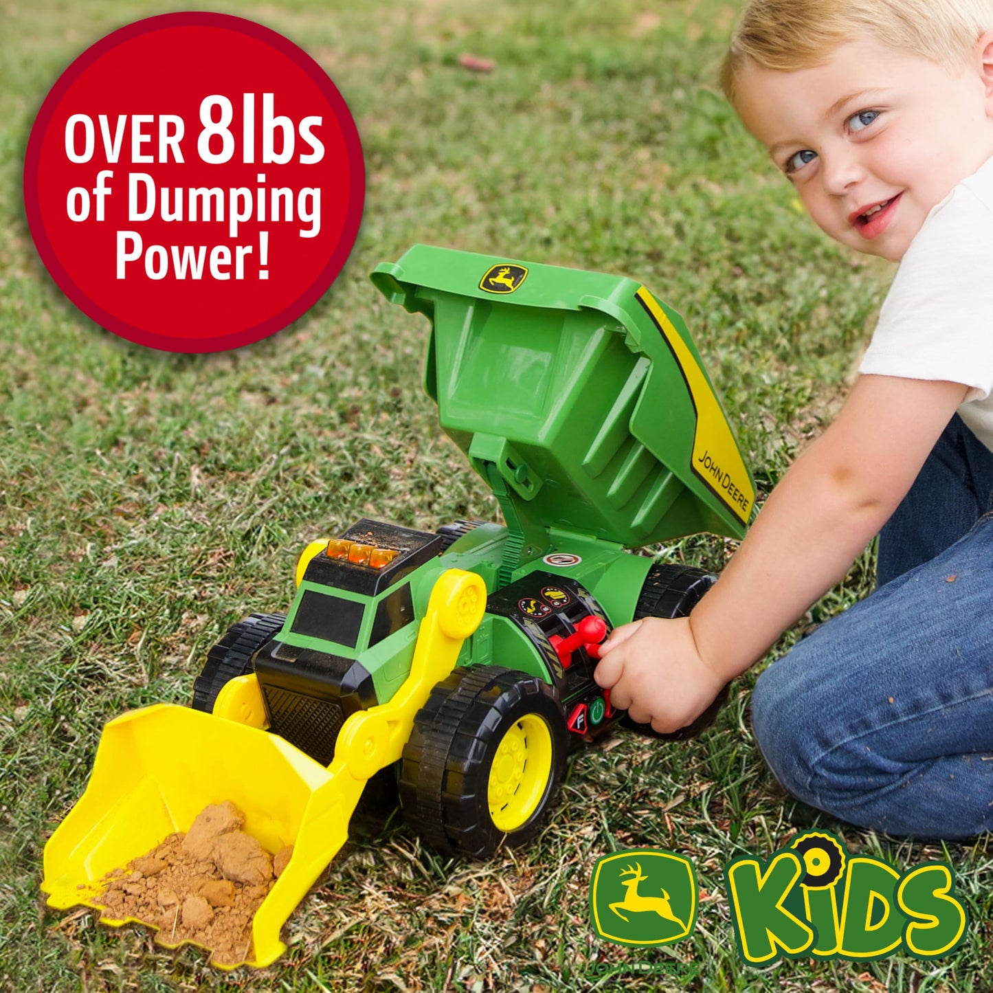 John Deere 18" Motorized Dig Rig: 2-in-1 Toy Dump Truck & Front Loader with Realistic Lights & Sounds, Dual Joystick - Kids 3+