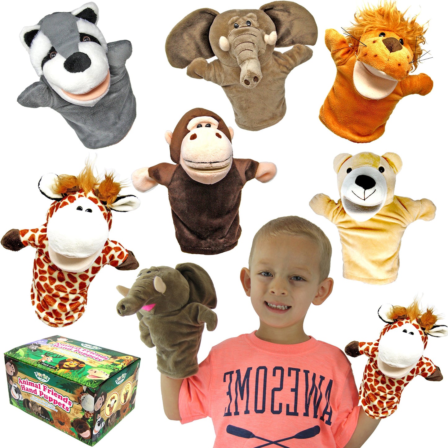 JOYIN 6Pcs Animal Hand Puppet Set with Moving Mouths – Elephant, Giraffe, Lion, Bear, Raccoon & Monkey Plush Toys for Kids Age 3+