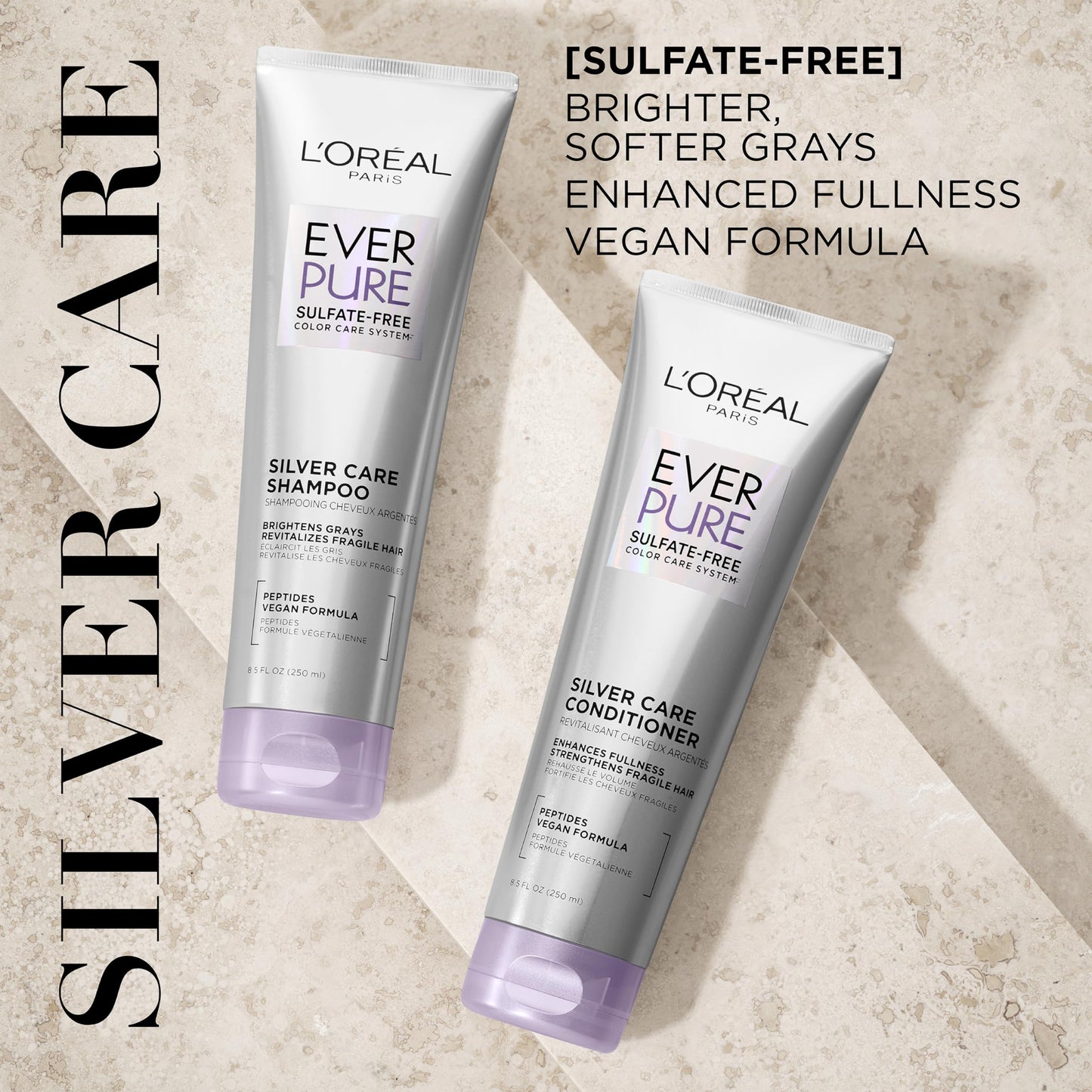 L'Oreal Paris EverPure Silver Care Sulfate Free Shampoo and Conditioner Set, Nourishing Vegan Formula with Peptides for Brightening Gray Hair, 1 Kit