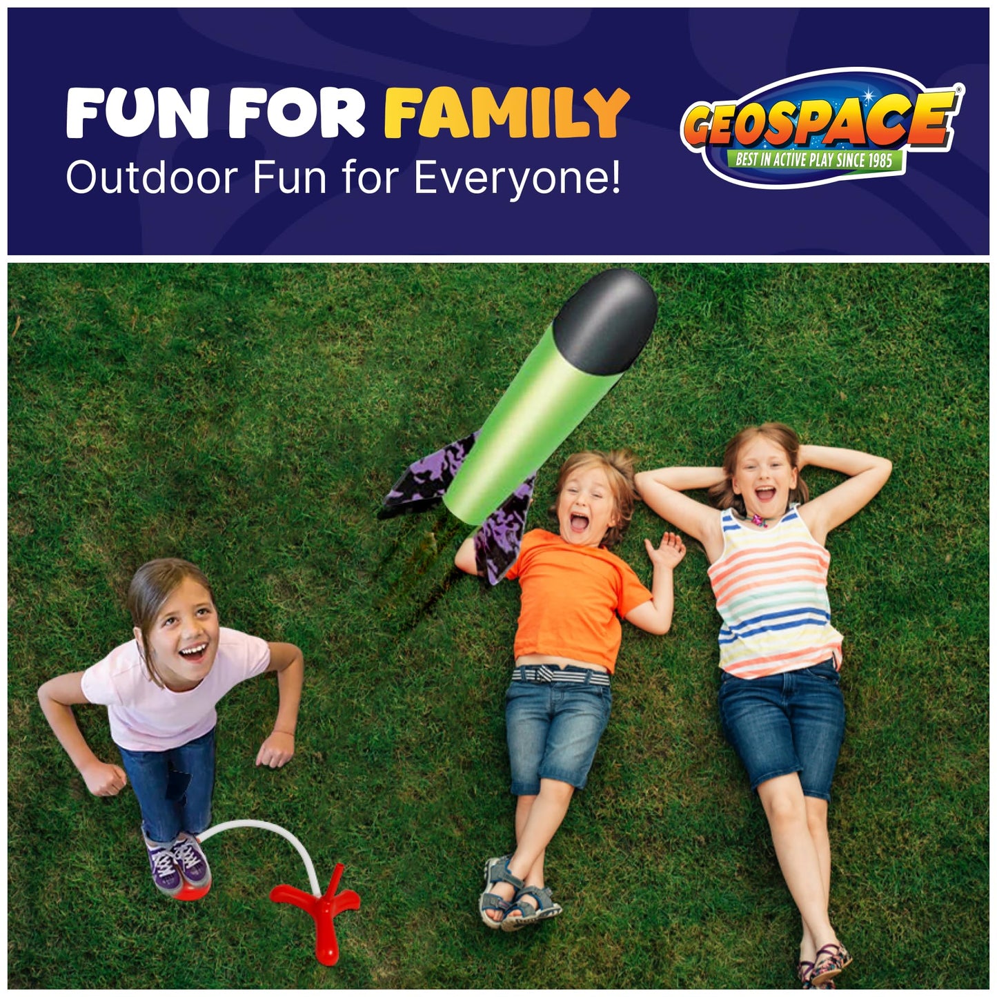 Geospace Jump Rocket Mini Set – 3 Foam Stomper Rockets with Single Pump, Outdoor Fun Toy for Kids Boys & Girls