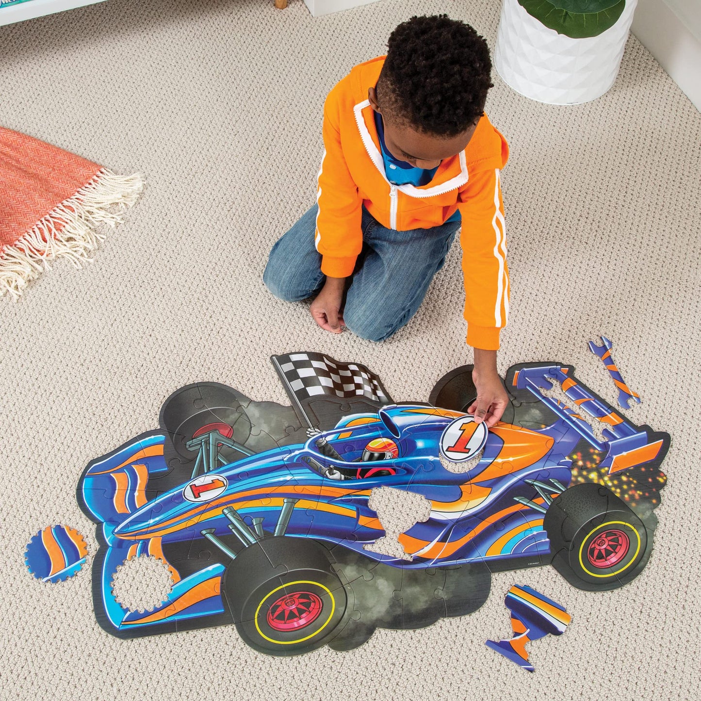 Peaceable Kingdom Giant Floor Puzzles with Uniquely Fun Shaped Pieces for Kids Ages 3+ Gifts for Boys and Girls - Racecar