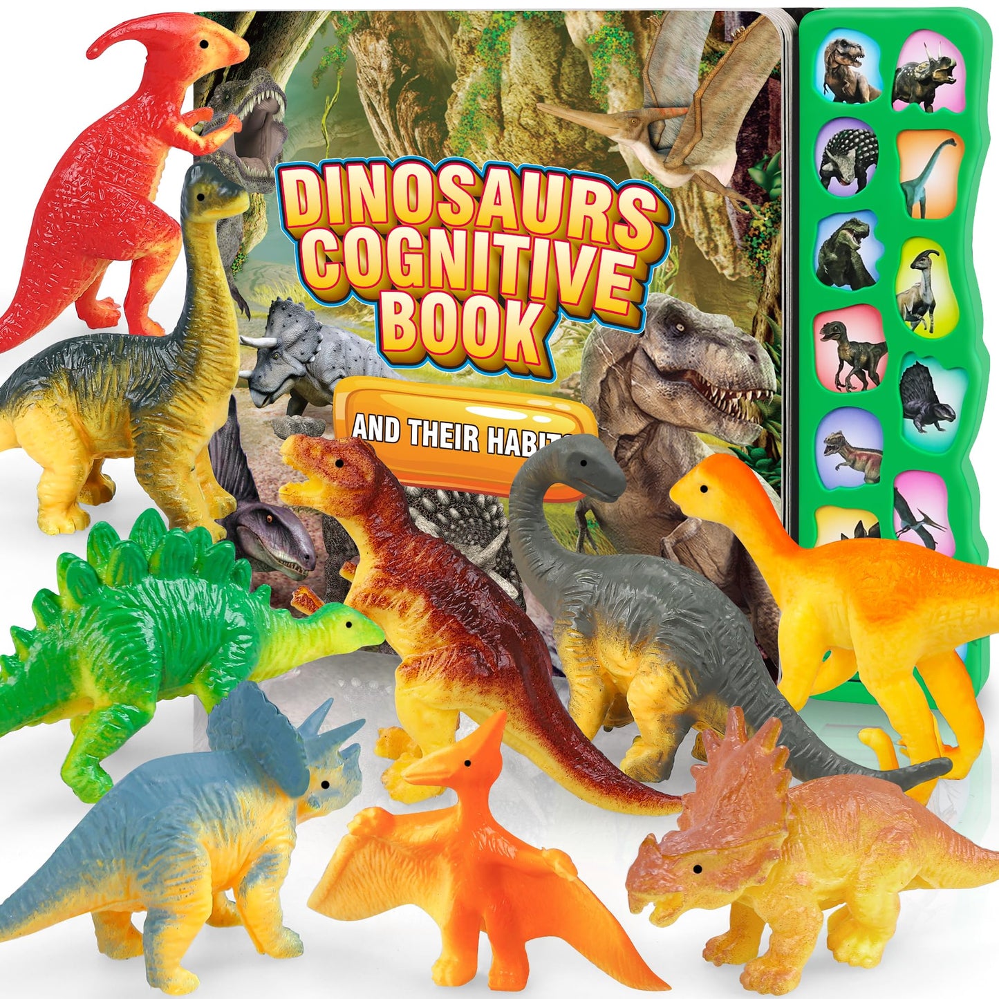 Dinosaur Toys Set with 12 Figures & Sound Book – Realistic Roars, Interactive Educational Fun for Kids 3-6 Years Old