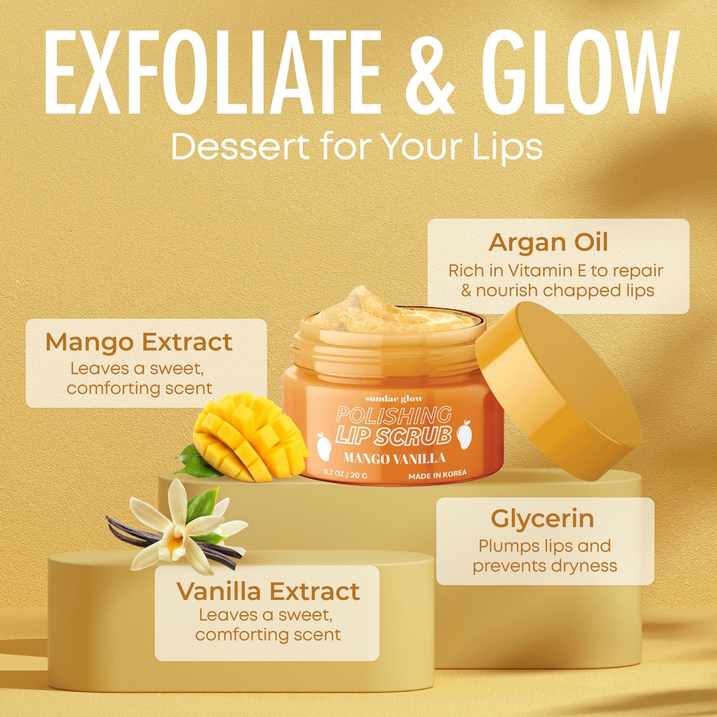 Sundae Glow Mango Vanilla Lip Scrub – Exfoliates, Hydrates & Repairs Dry Lips – Smooth, Soft & Revitalized – Clean, Cruelty-Free, 1 Pack