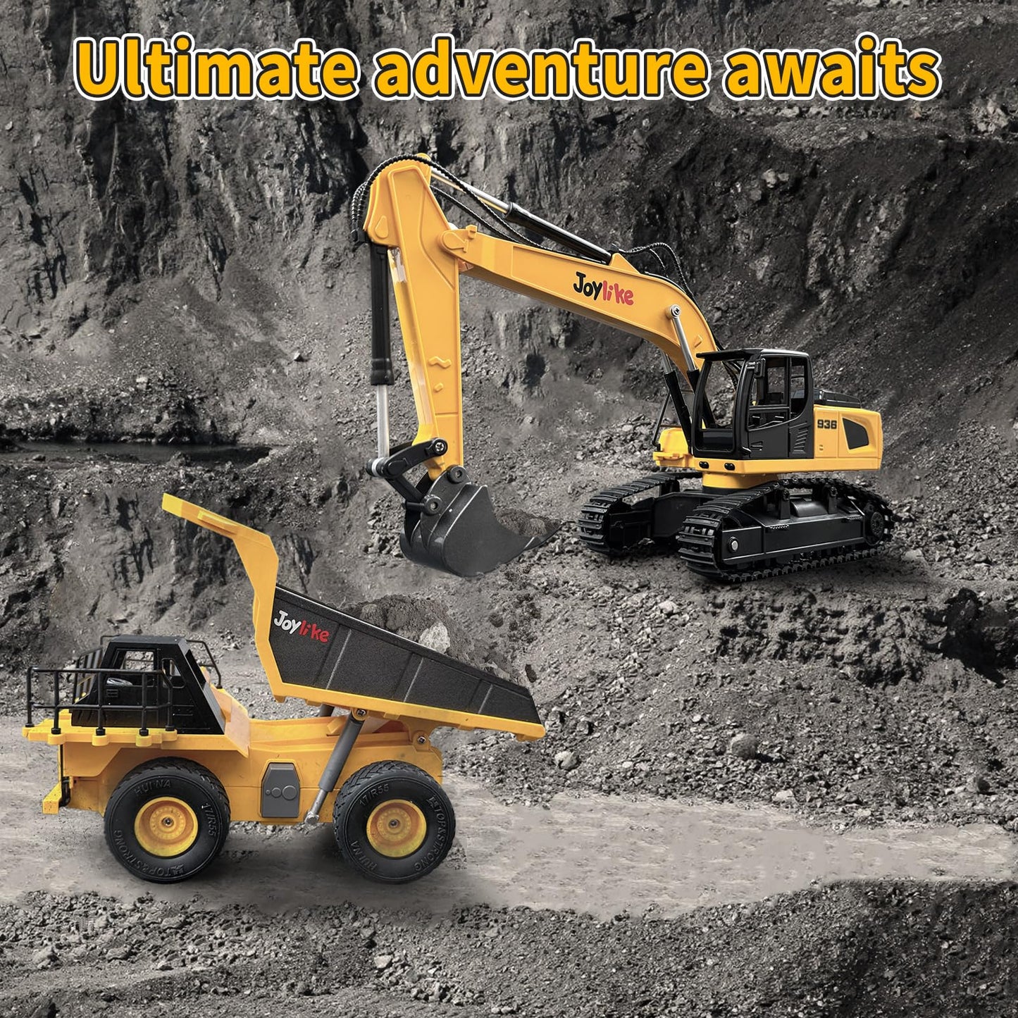 Joylike RC Excavator and Dump Truck Toy Set,2.4Ghz Metal Remote Control Construction Vehicle with Light&Sound, Best Christmas Toy for Boys 8+Year Old Kid