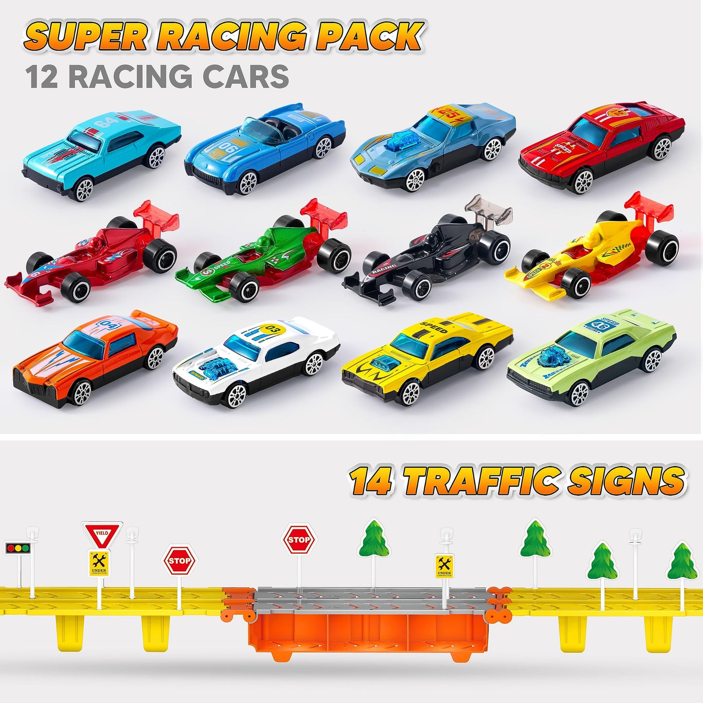 JOYIN Kids Toy Truck Playset with 60" Race Track, 12 Die-Cast Cars, Lights & Sounds – Toddler Gift for Boys & Girls Ages 2-7