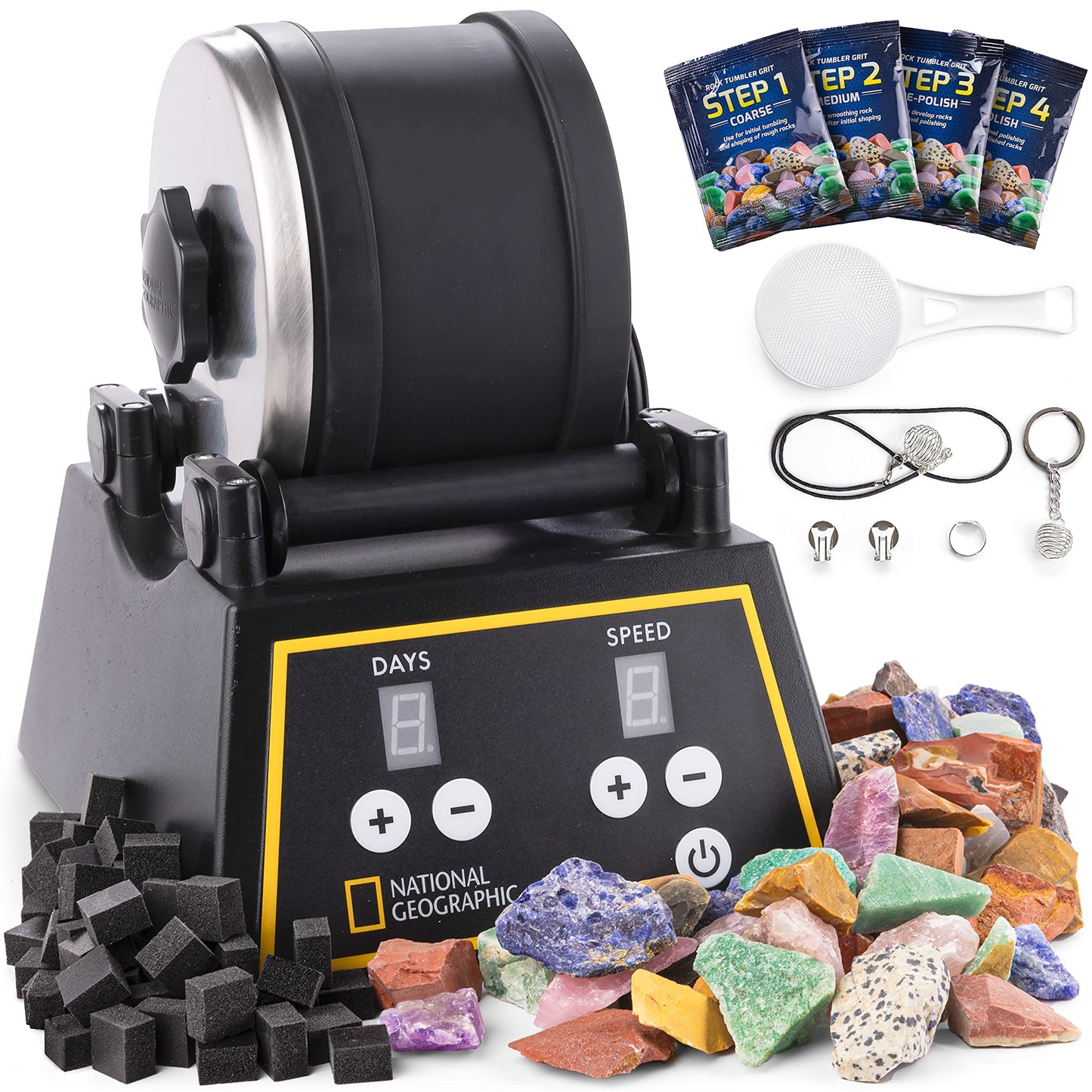 National Geographic Rock Tumbler Kit – Complete 2 lb Barrel Set with Rocks, Grit & GemFoam Polish – Fun for Kids & Adults