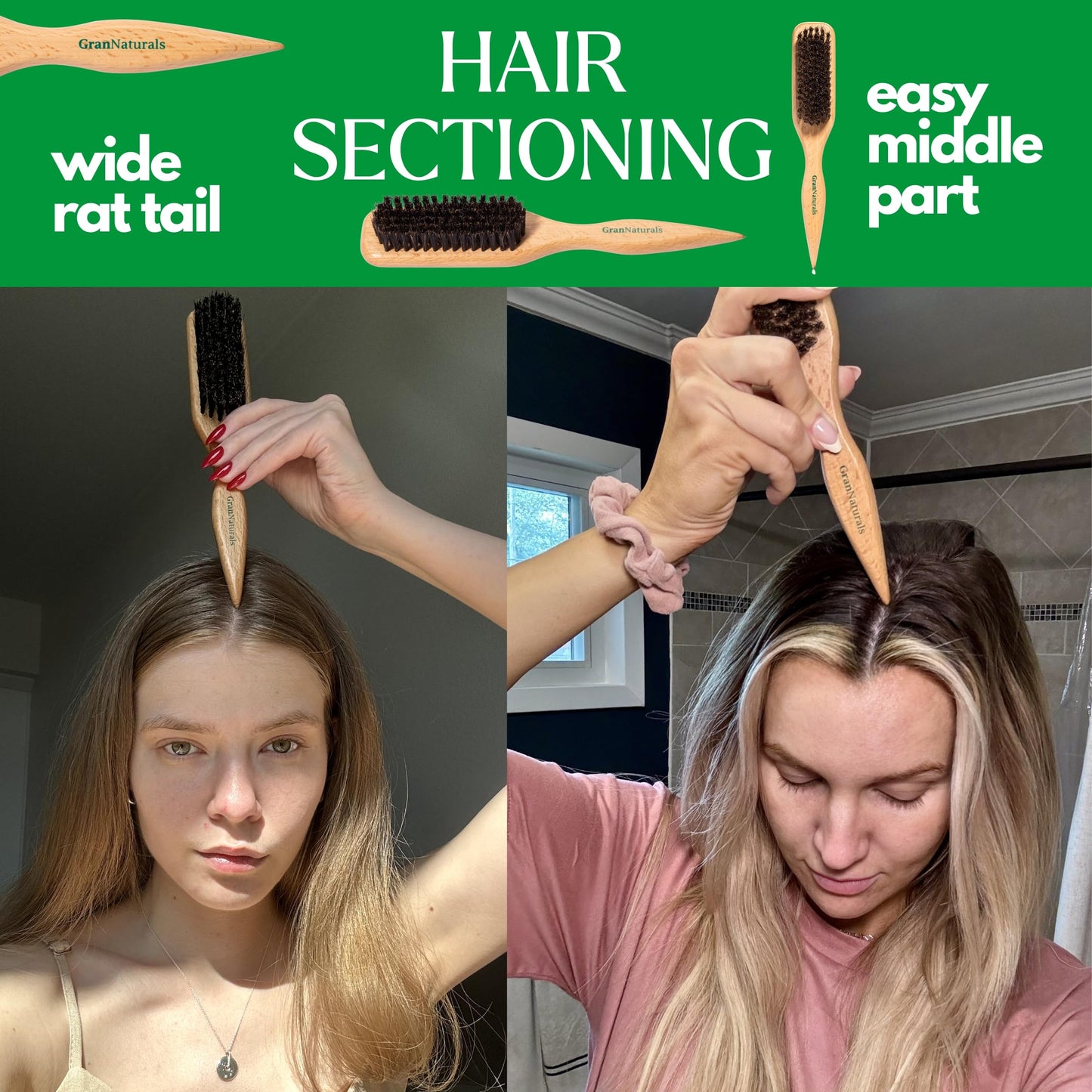 GranNaturals Boar Bristle Slick Back Brush for Sleek Ponytails & Buns – Smooths Flyaways, Baby Hairs & Edges, with Rat Tail for Parting