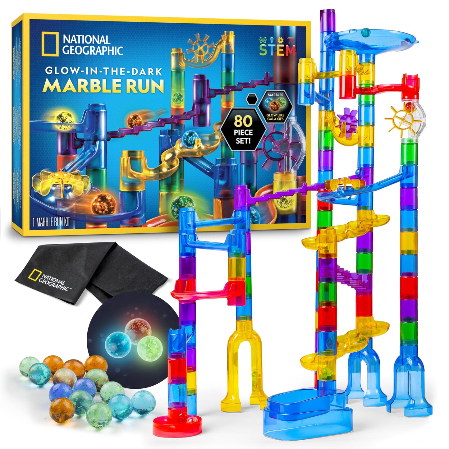 NATIONAL GEOGRAPHIC Glowing Marble Run – STEM Building Set with 15 Glow-in-the-Dark Marbles & Storage Bag, Kids Construction Toy
