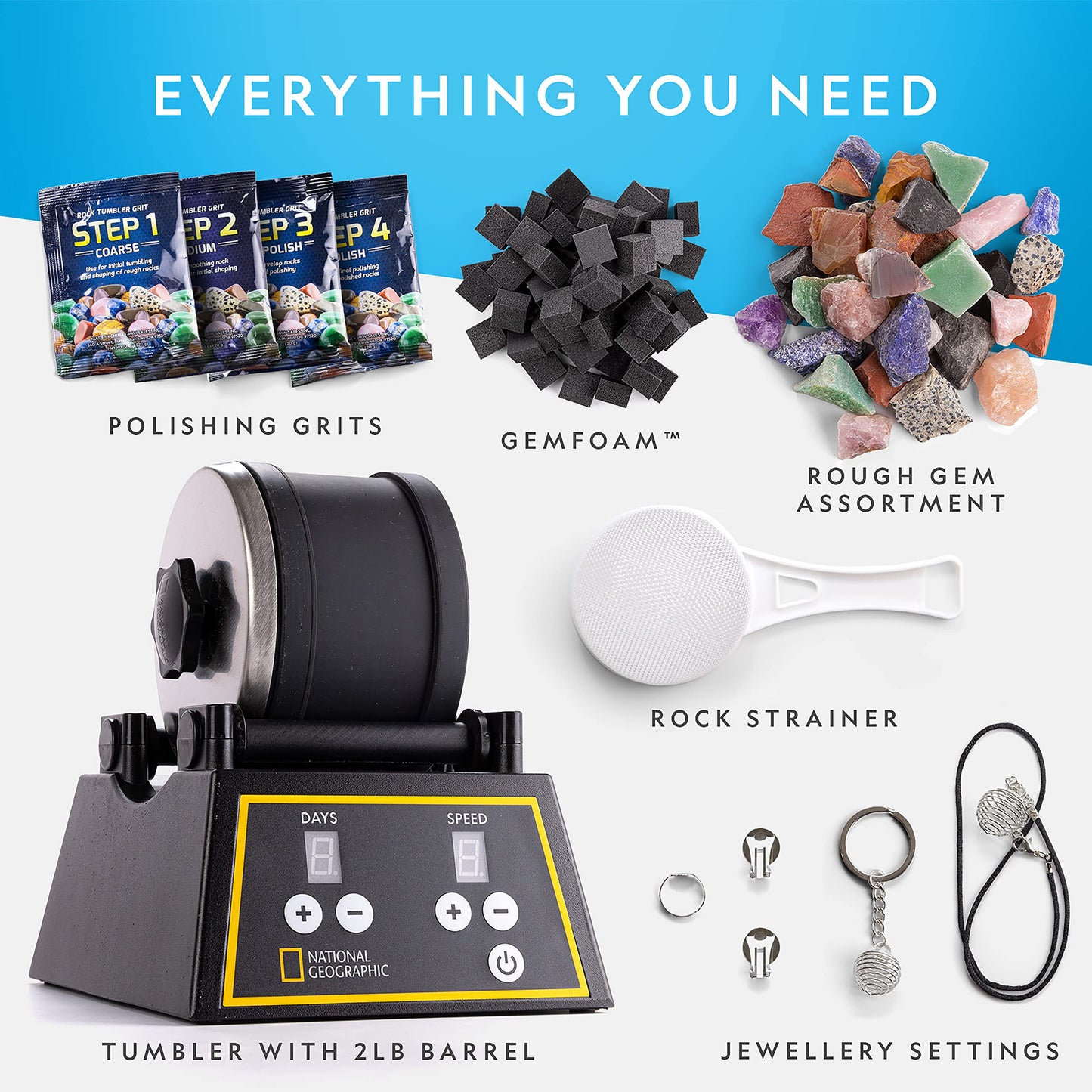 National Geographic Rock Tumbler Kit – Complete 2 lb Barrel Set with Rocks, Grit & GemFoam Polish – Fun for Kids & Adults