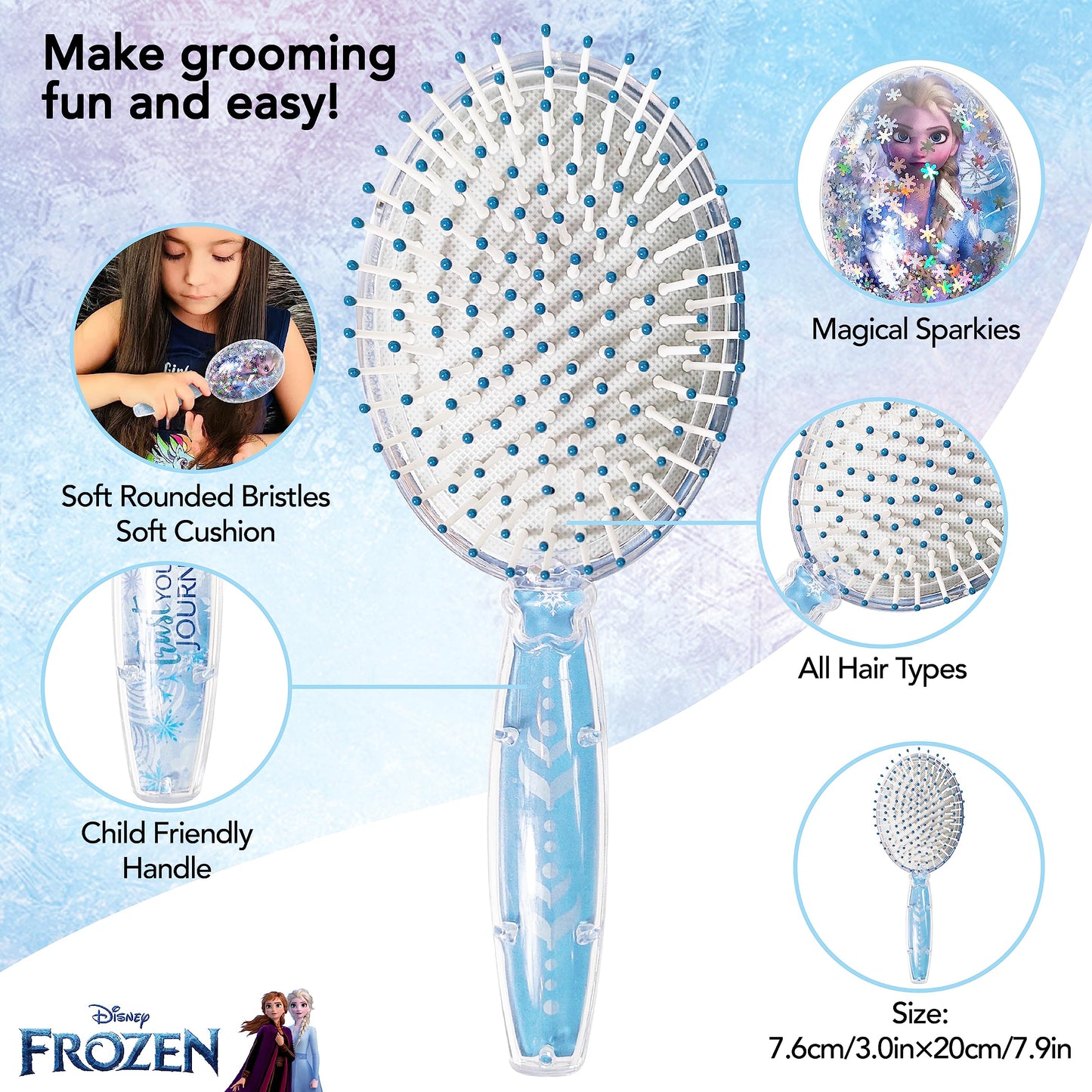 LUV HER Disney Frozen II Girls Snowflake Confetti One Hair Brush featuring Elsa, Silver - Ages 3+