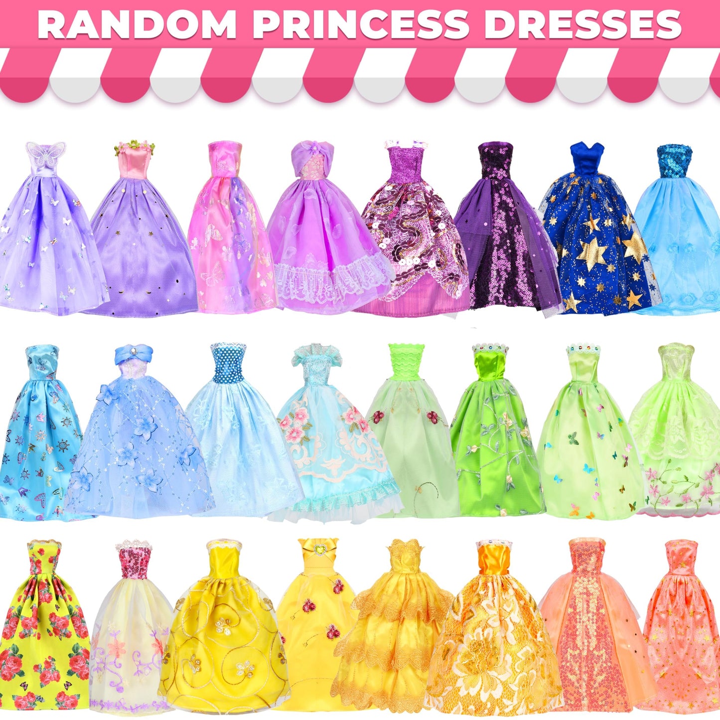 130-Piece Doll Clothes & Accessories Set for 11"-12" Dolls – 4 Princess Gowns, 8 Dresses, Tops, Pants, Shoes, Swimsuits & Hangers
