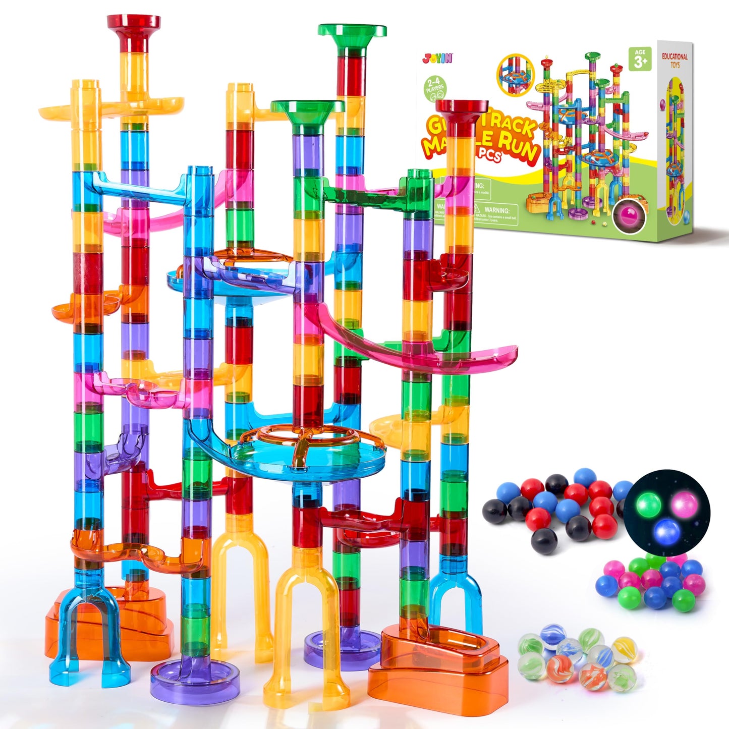 JOYIN 137Pcs Glowing Marble Run Set - STEM Building Blocks Toy with 15 Glow in The Dark Marbles, Fun Educational Gift for Kids Boys & Girls
