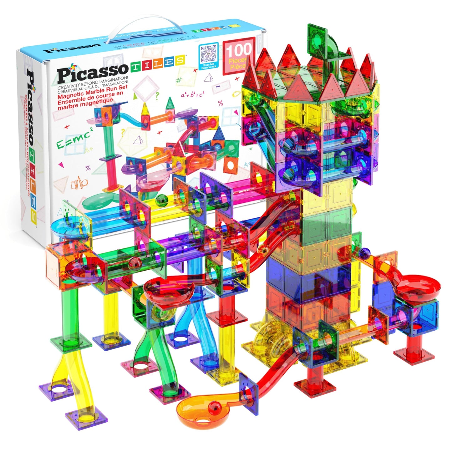 PicassoTiles 100-Piece Magnetic Marble Run Set – Funnels, Curved Slopes & Steel Balls for Kids STEM Learning & Problem-Solving PTG100