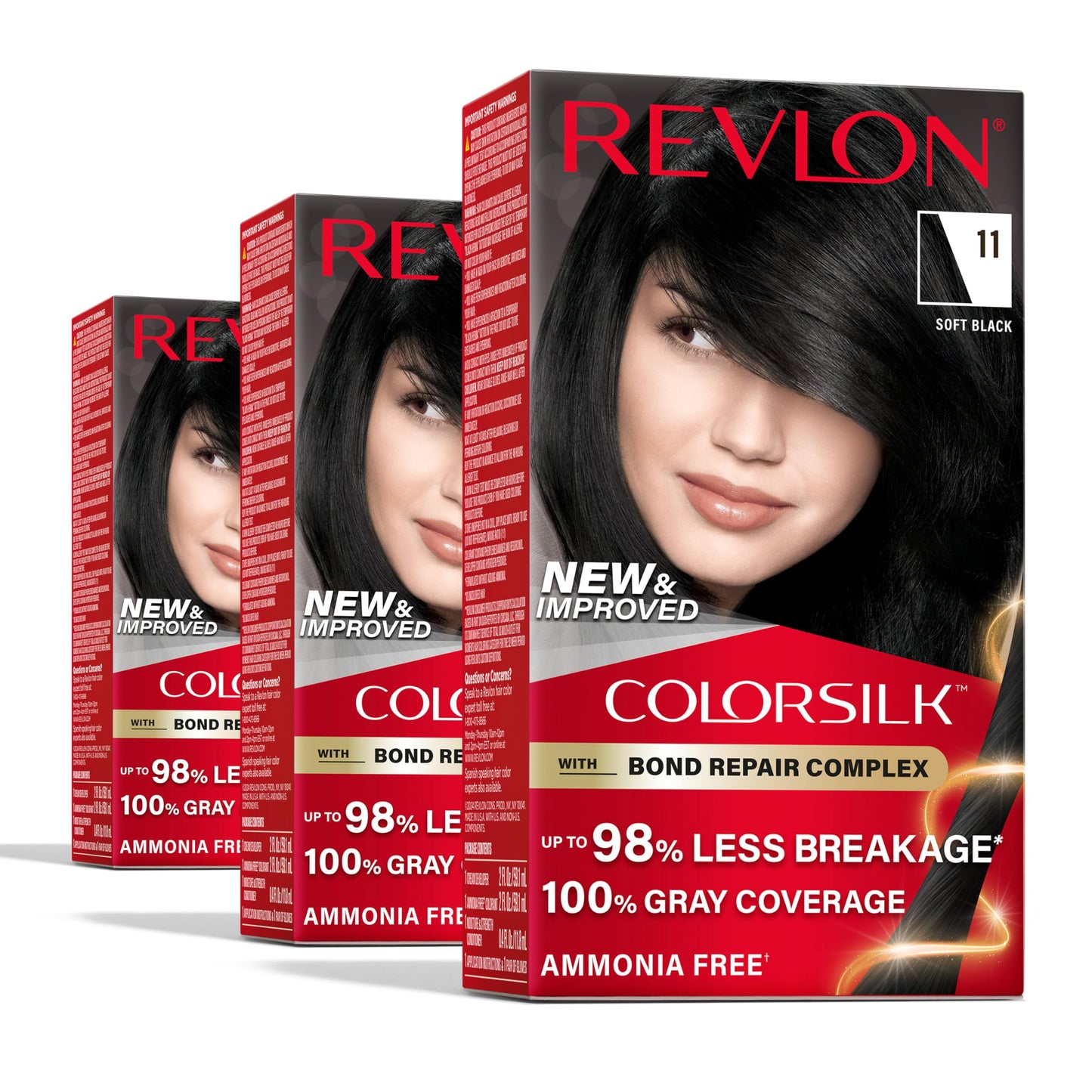 Revlon ColorSilk Permanent Hair Color with Bond Repair Complex, 11 Soft Black, 100% Gray Coverage, Ammonia-Free, Vegan Keratin, Pack of 3