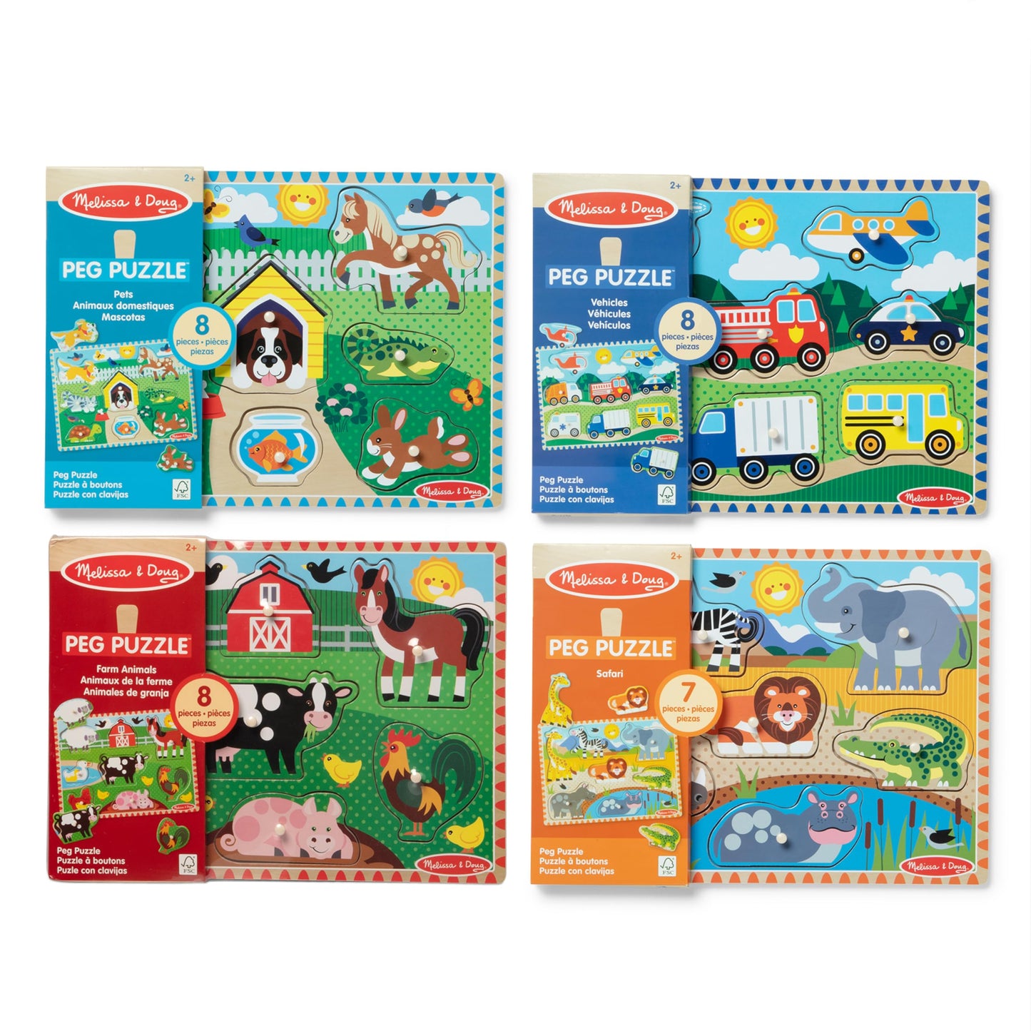 Melissa & Doug Wooden Peg Puzzle Set – 4-Pack Vehicle, Farm, Safari & Pet Animal Themes – Educational Puzzles for Toddlers and Preschoolers Ages 2+