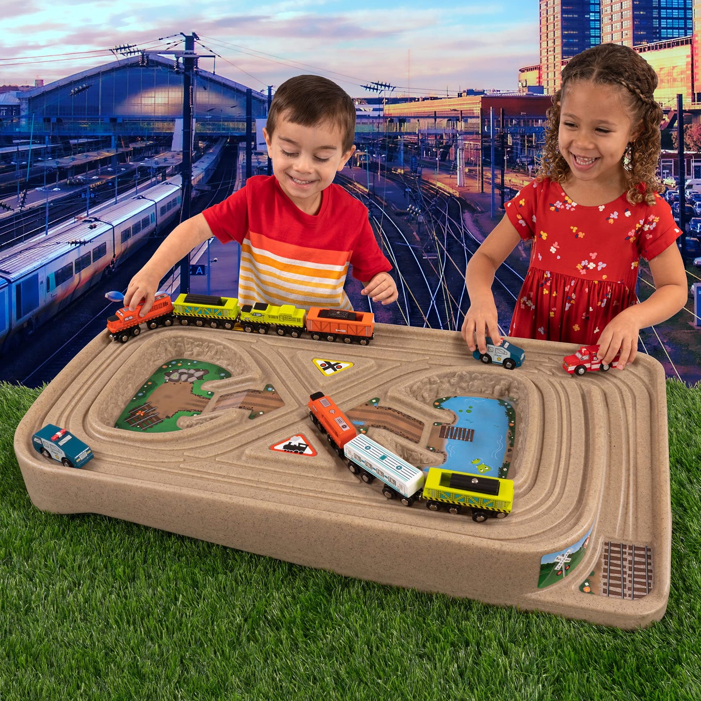 Simplay3 Portable Carry and Go Kids Race Track Toy Car Train Table, 2-Sided No Assembly for Children 3 4 5 6 7 Years Old Boys Girls, Made in USA