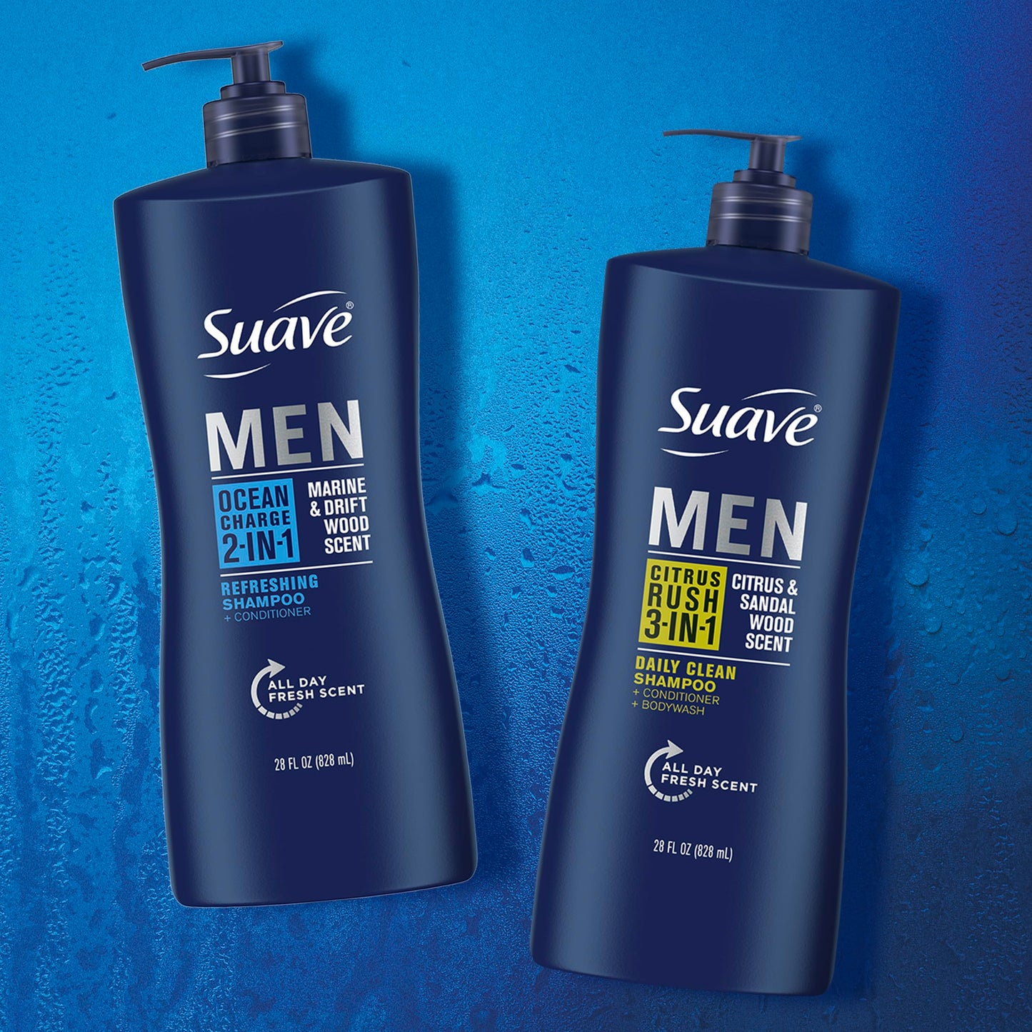 Suave Men 3-in-1 Body Wash, Shampoo & Conditioner Citrus Rush Travel Size + 2-in-1 Ocean Charge Full Size Twin Pack (3 Pc Set)