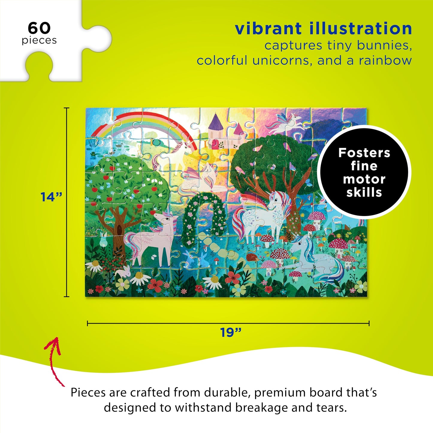 Crocodile Creek 60-Piece Holographic Foil Floor Puzzle for Kids Ages 4-8 and Up - Heavy-Duty Box for Storage - Sparkling Unicorn - 14” x 19” Finished